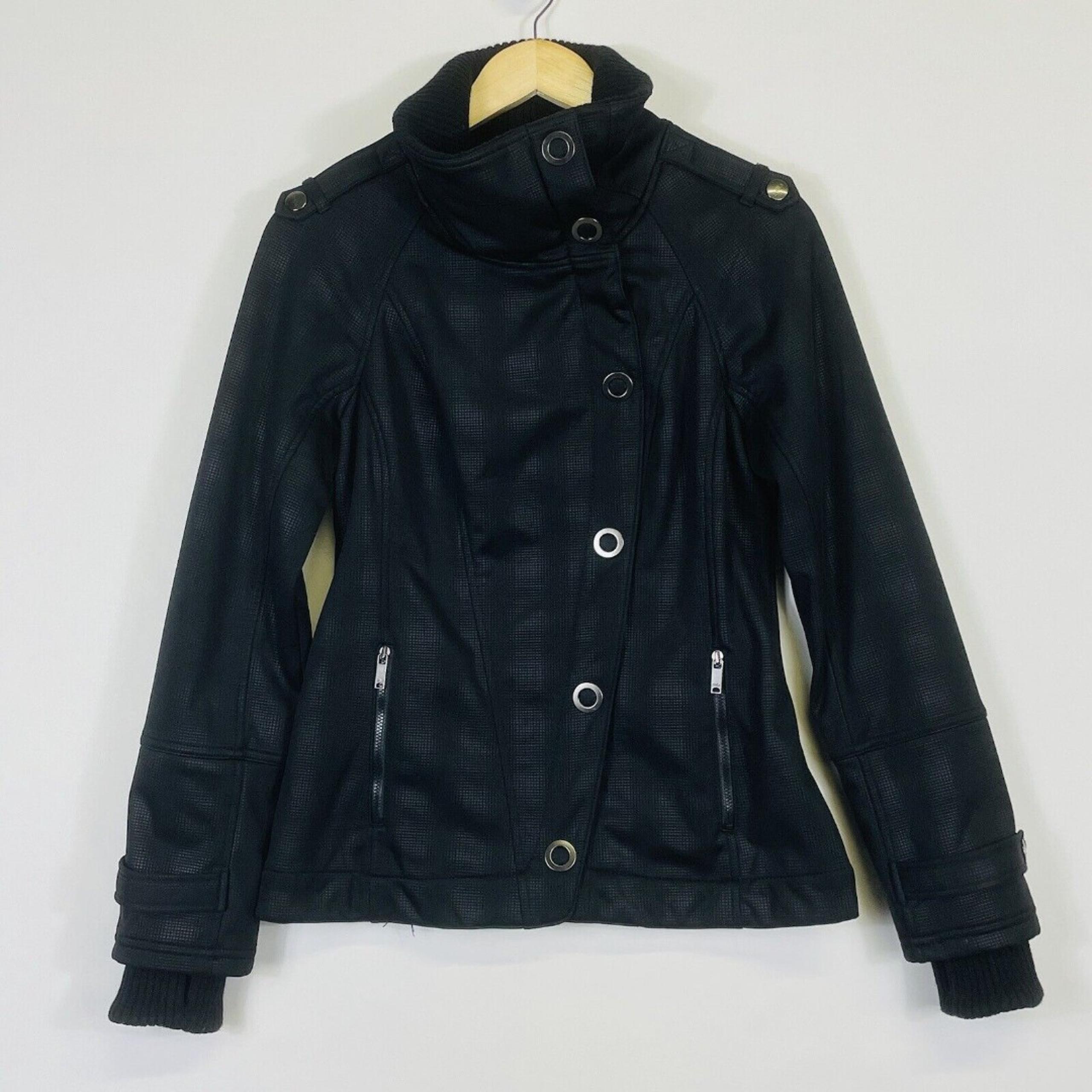 Zella Black Square Pattern Windproof Fleece Lined Snap Front Jacket Womens Small
