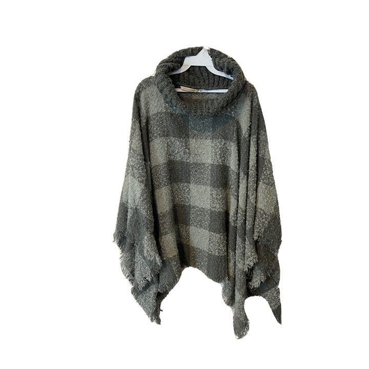 Soft Surroundings Womens One Size Cowl Neck Plaid Fringe Ponho Sweater Gray