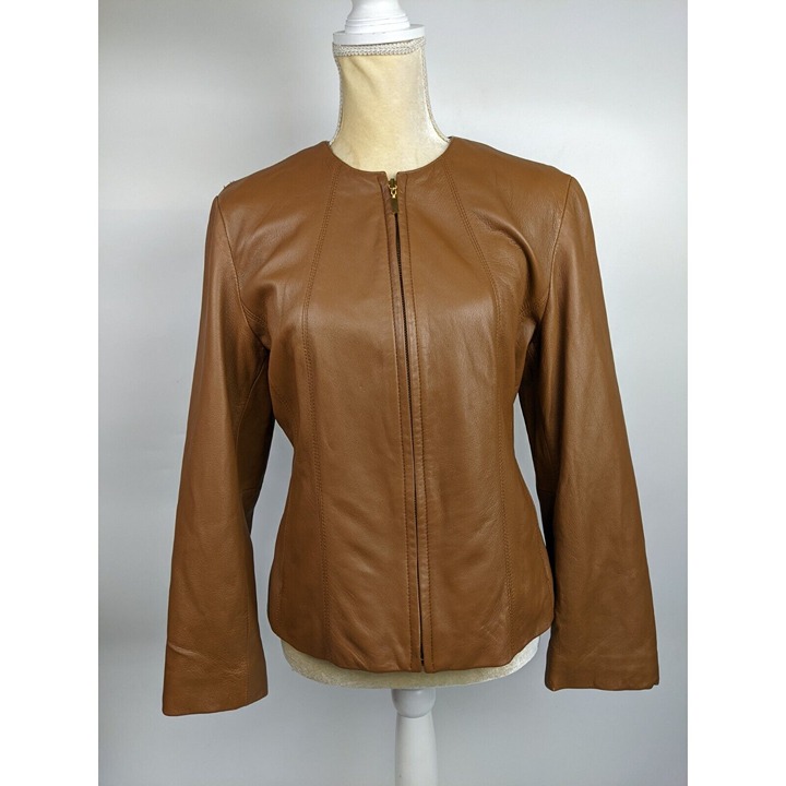 Siena Studio Fitted Womens Leather Jacket Size 8 Tan Fall Autumn Round Neck
