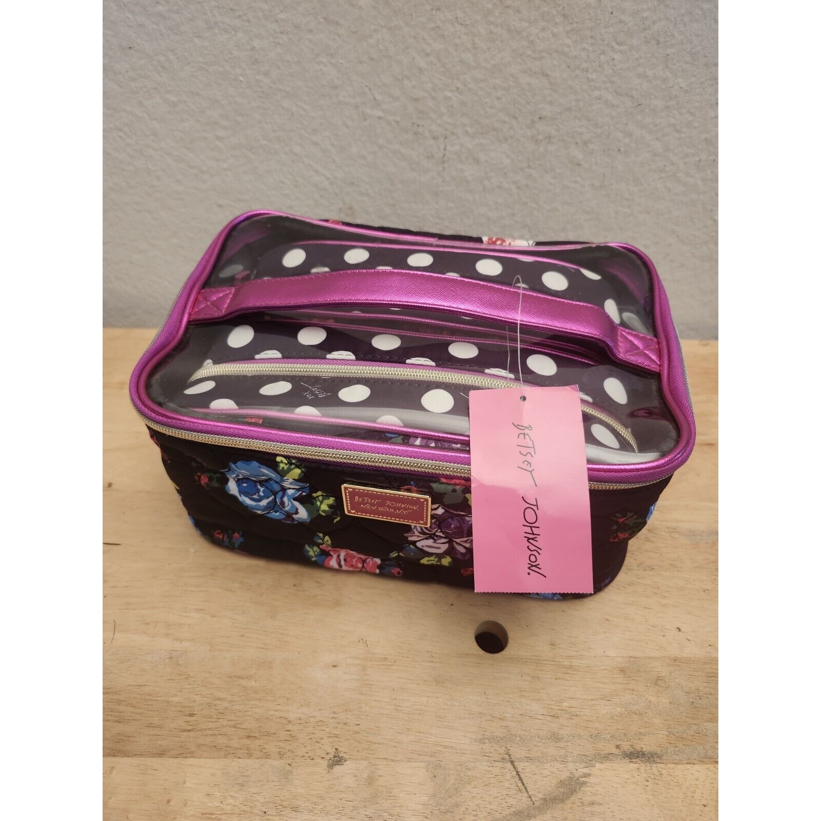 Betsey Johnson NY 3 PC Nested Topset Travel Train Cosmetic Case Black