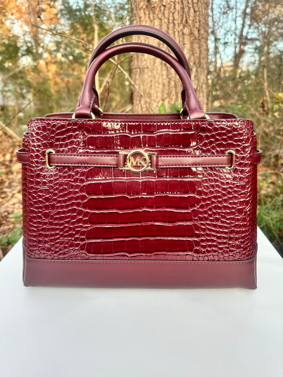 Michael Kors Reed Large Belted Satchel Croc embossed Oxblood Satchel Top Handle