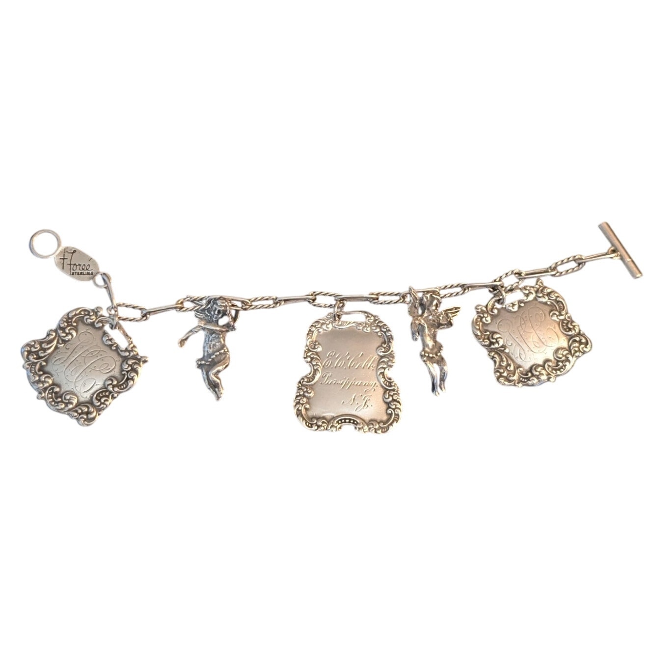 VTG T Foree Hunsicker Sterling Silver Engraved Luggage Tag Cherub Charm Bracelet