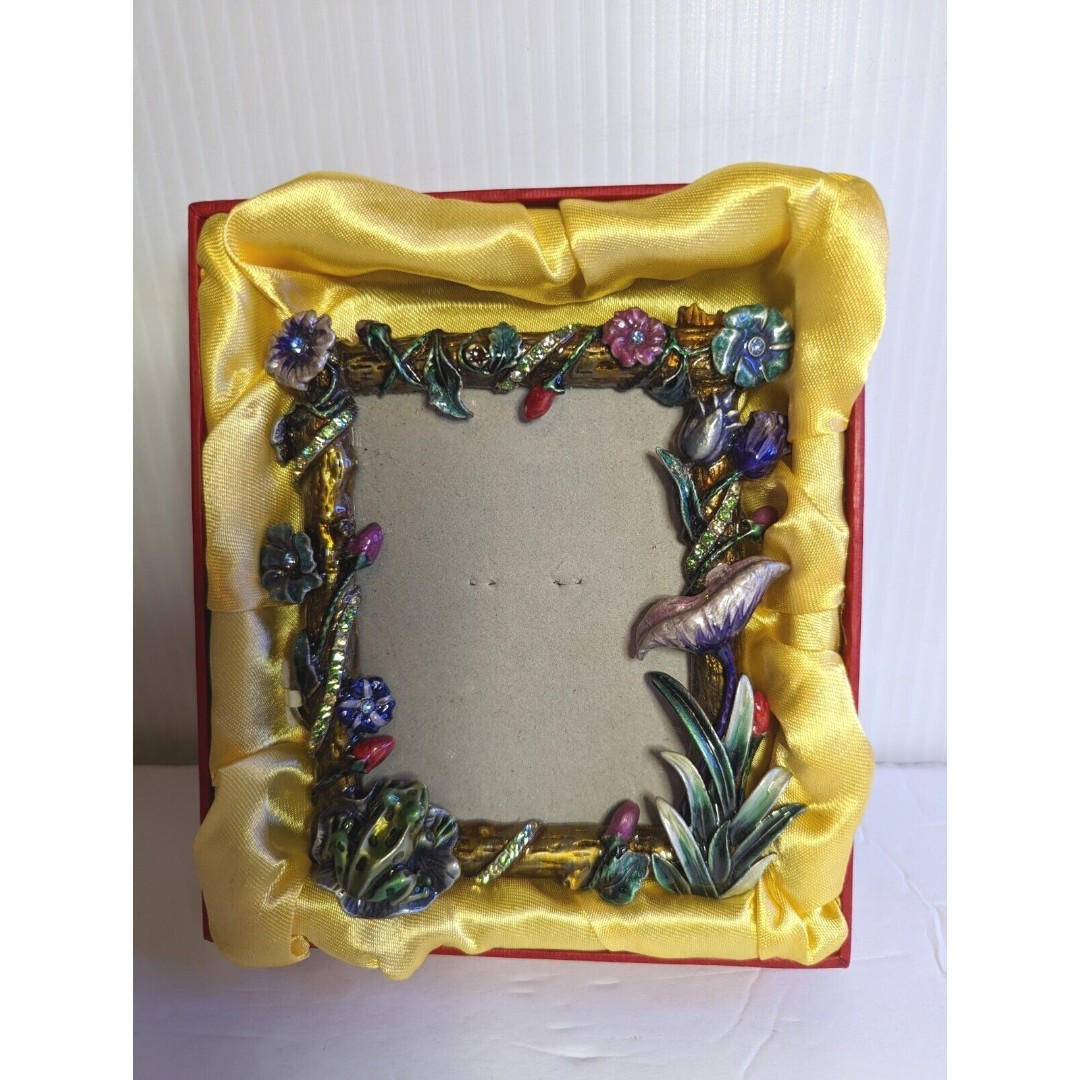 New ROYAL GEM COLLECTION Cloisonne Picture Photo Frame Crystal Flower Frog Metal