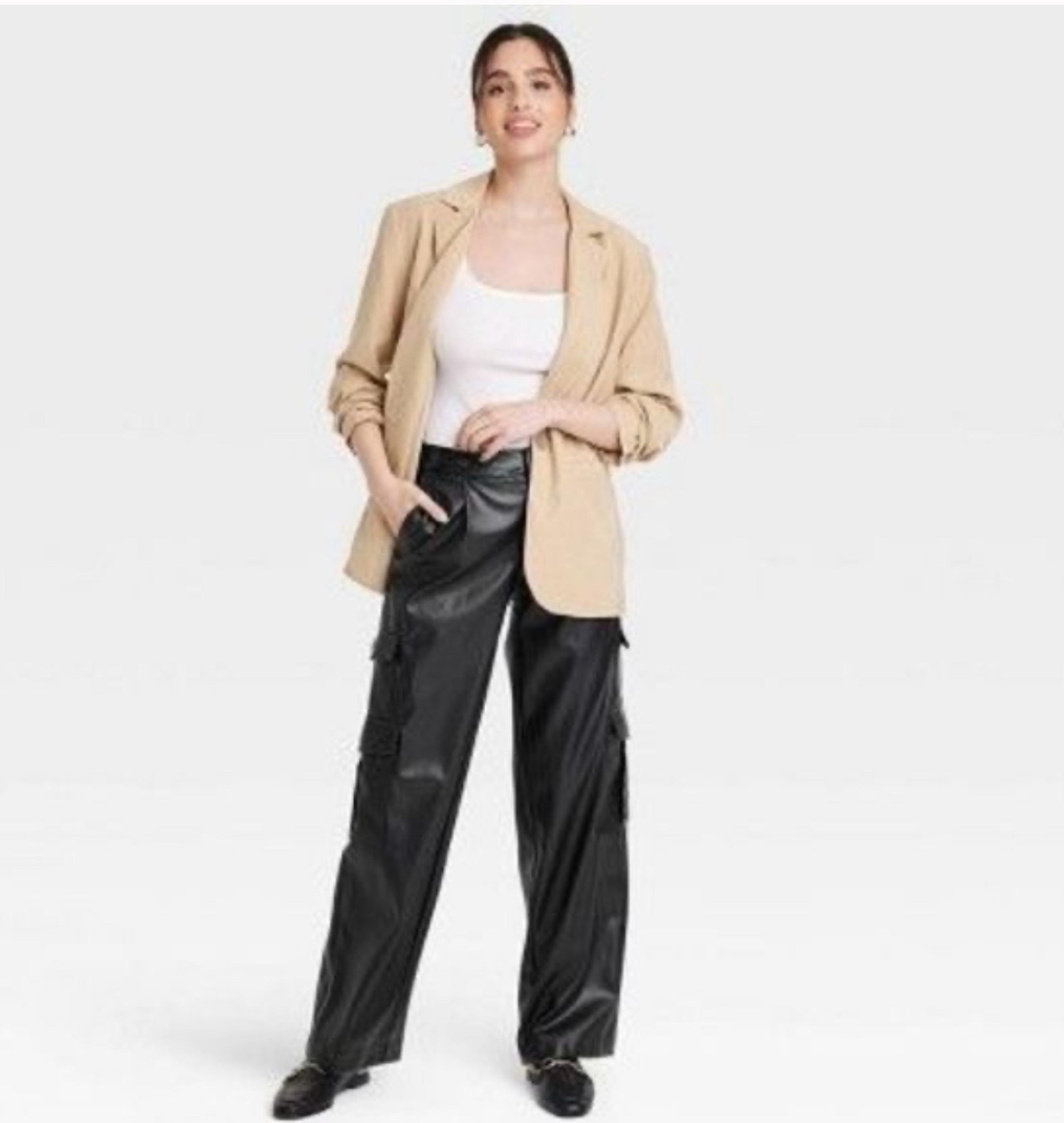 Women's High-Rise Straight Faux Leather Cargo Pants - A New Day Size 14