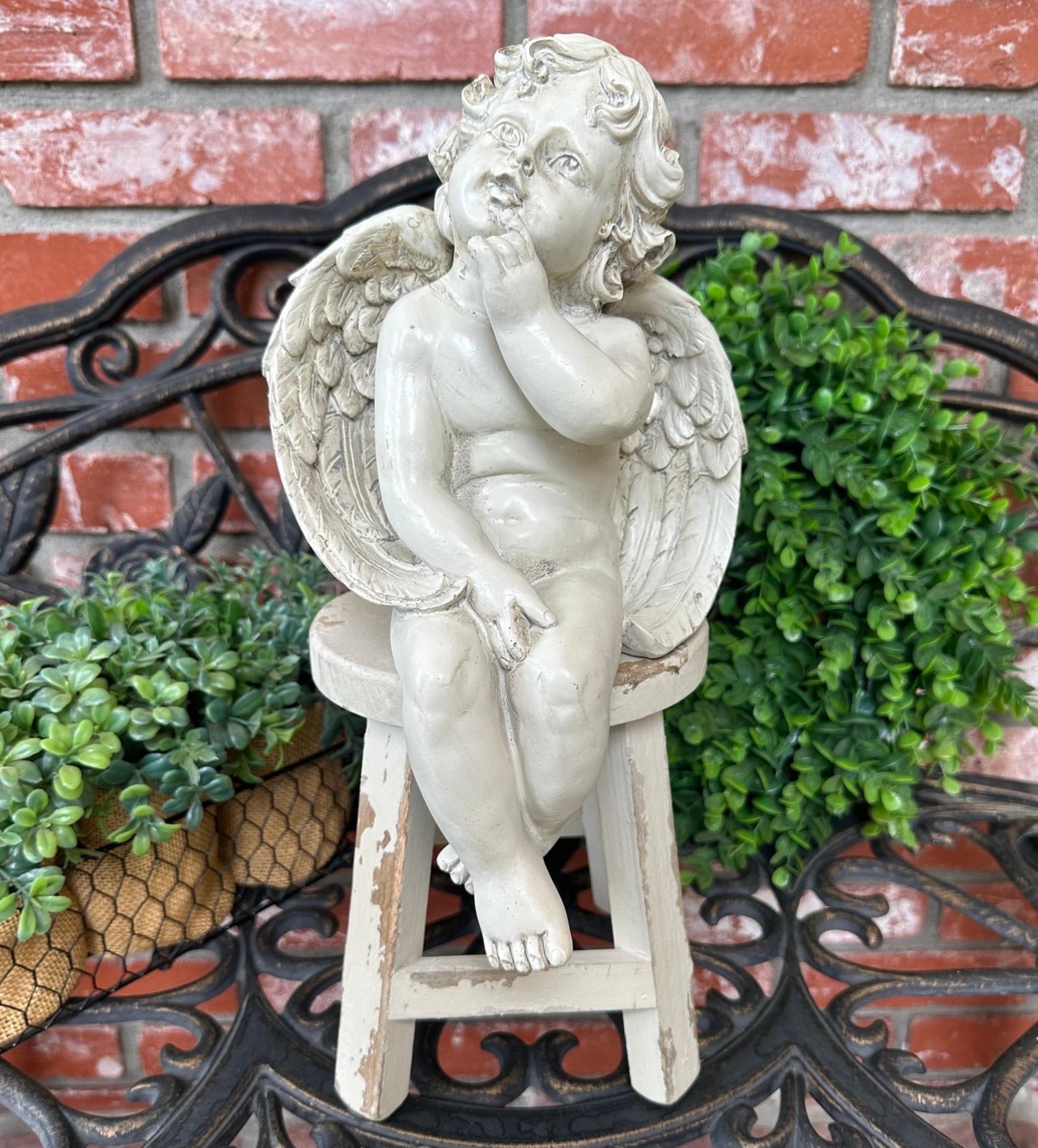 Design Toscano Angel Of Contemplation Statue W/White Distressed Stool; New
