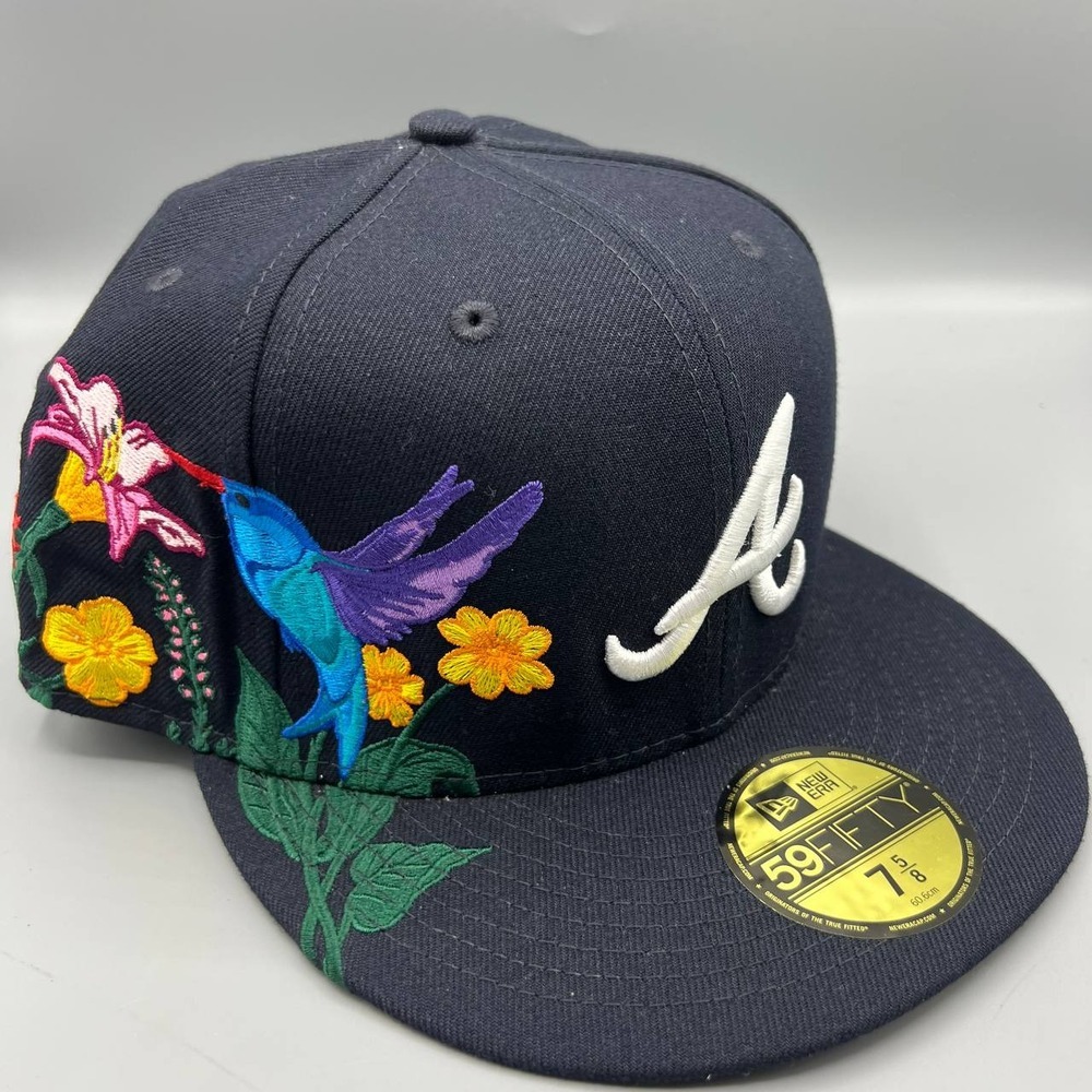 Atlanta Braves Hat Men 7 5/8 Black Gray Floral 59Fifty New Era Fitted Cap New