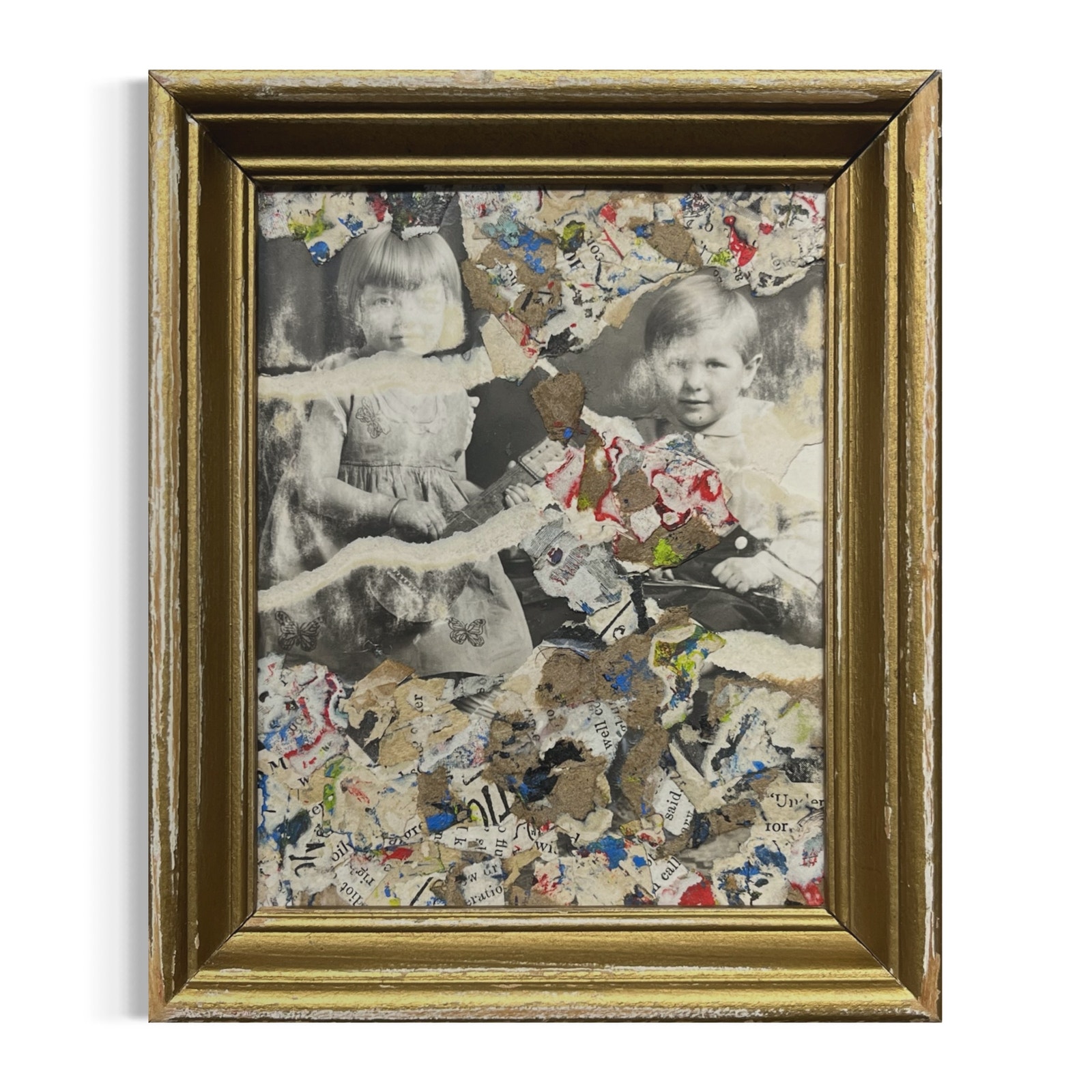 Original Framed Mixed Media Art Collage 5x6 Photo of Children with Guitar