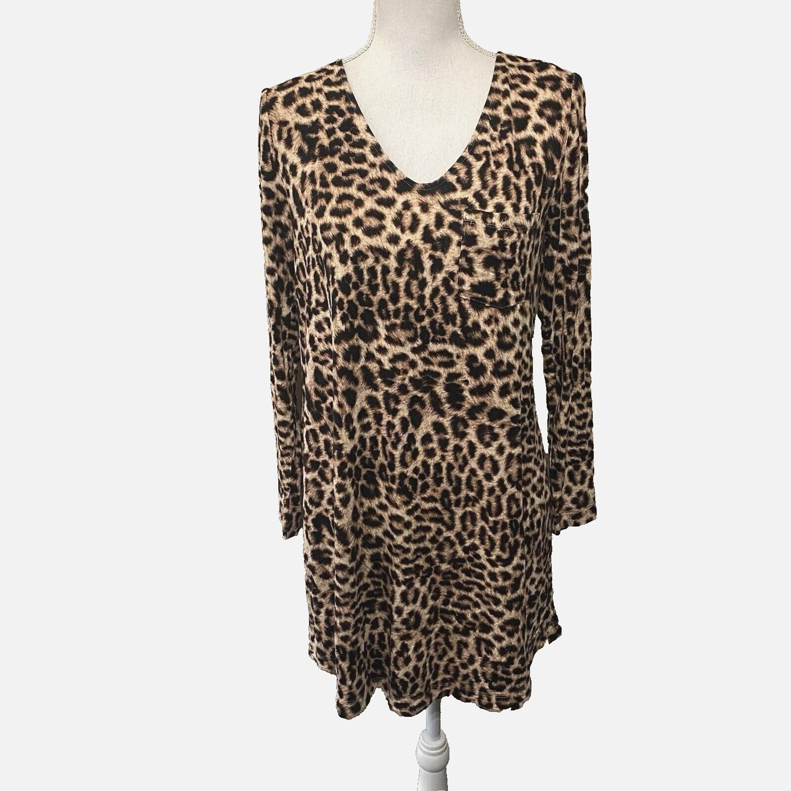 Soma Sleep Shirt Womens Sz S Leopard Long Sleeve Pocket Lounge