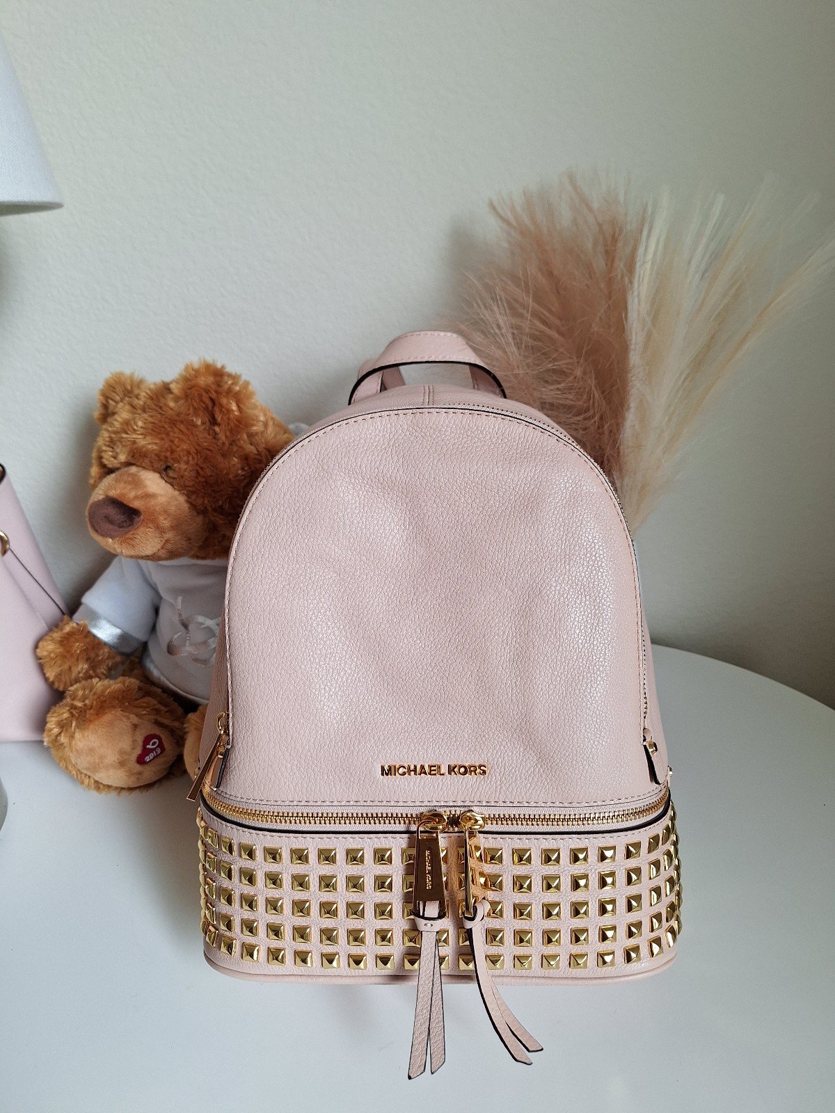 NWT MICHAEL Michael Kors Rhea Women's Backpack Ballet Leather Gold Studs Zip Bag