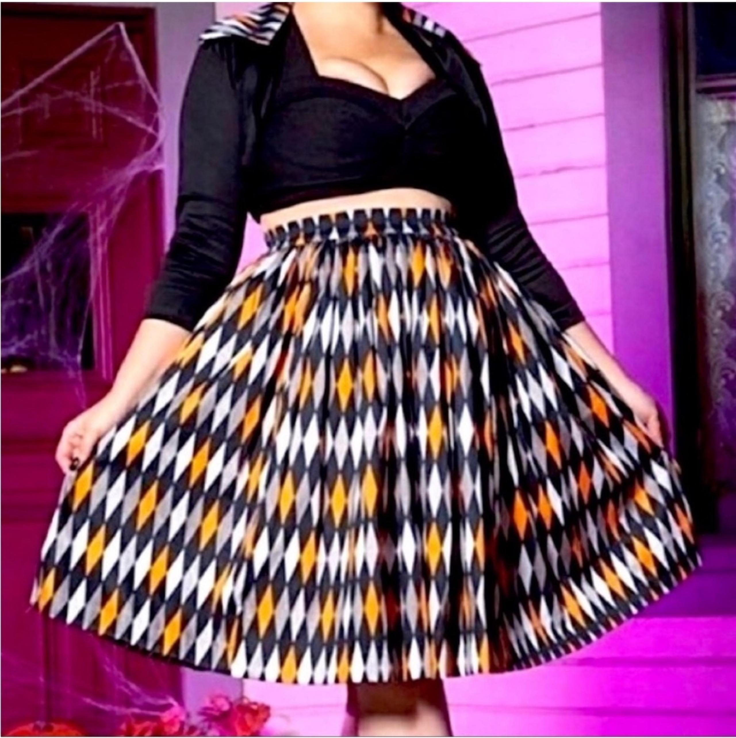 Pinup couture halloween harlequin skirt - orange and black