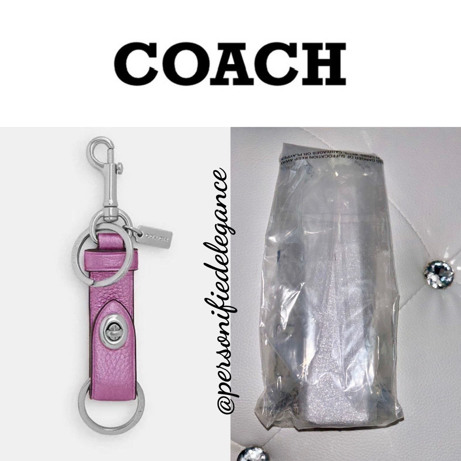 NEW Coach Metallic Lilac Refined Pebble Leather Trigger Snap Bag Charm/Keychain