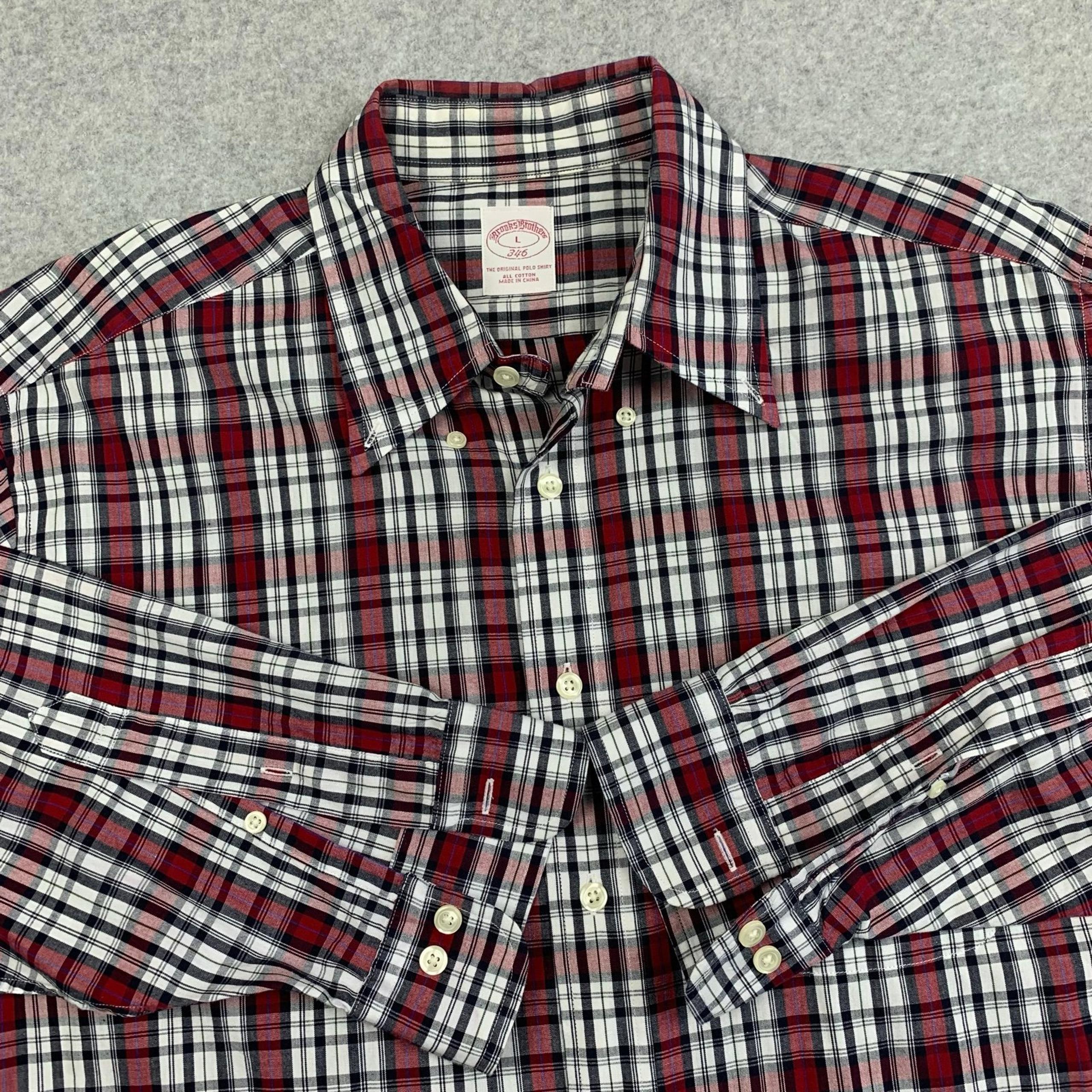 Brooks Brothers 346 Shirt Mens Large Red Gray Plaid Button Down Long Sleeve