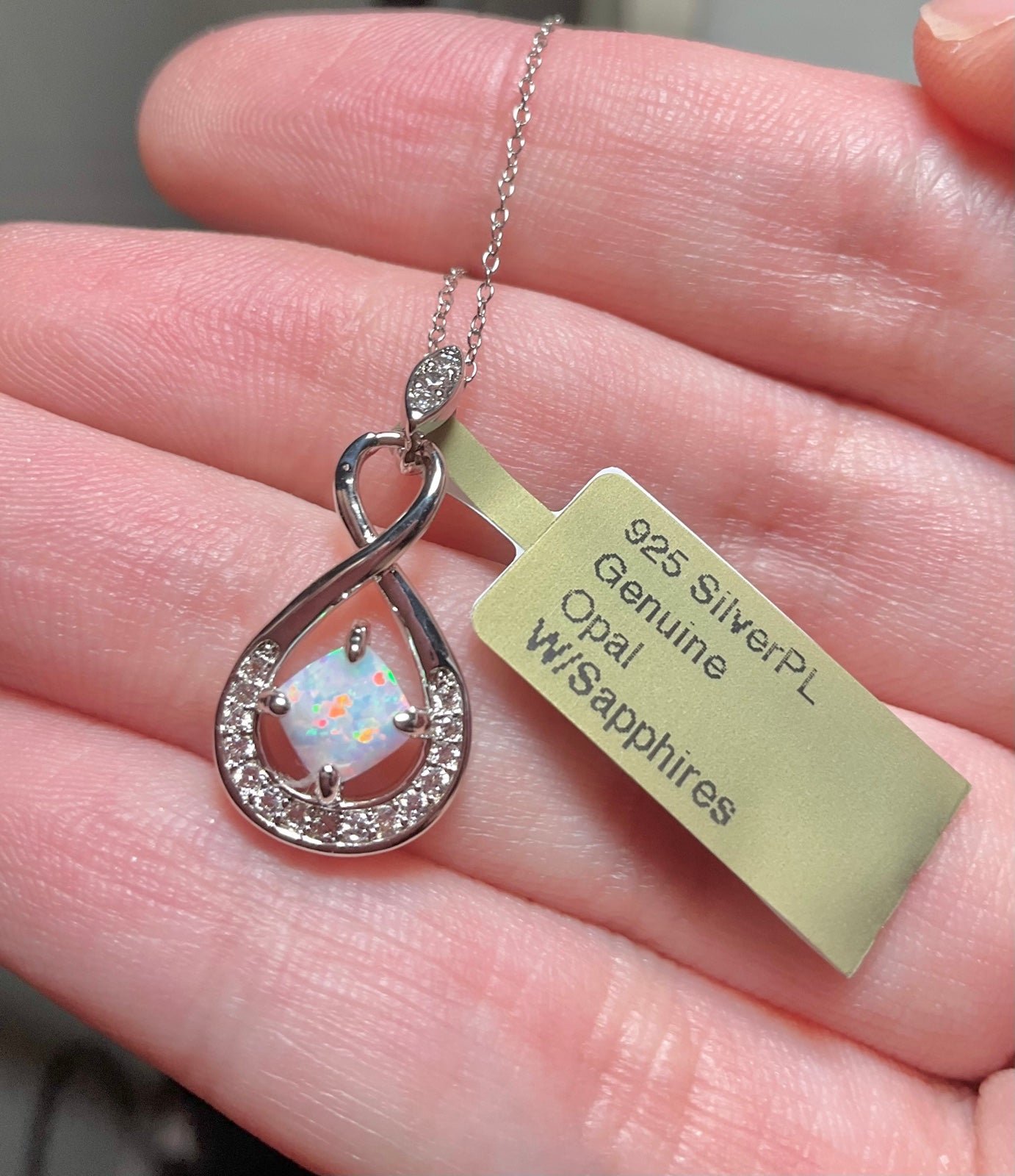 Opal and White Sapphire Pendant Necklace Sterling Silver Pendant Fire Opal