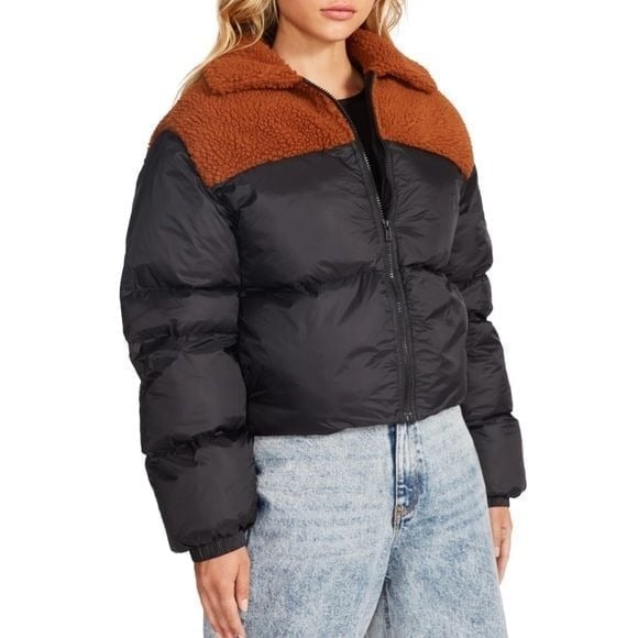 NWT Steve Madden Black Faux Shearling Mixed Puffer Jacket Medium