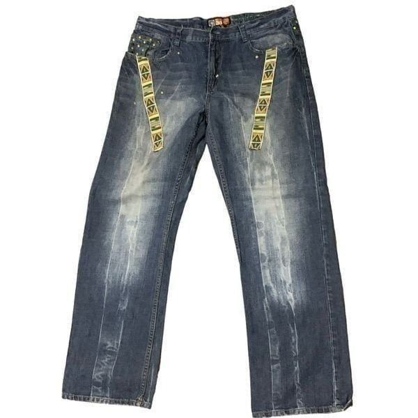 RARE VINTAGE Akademiks Jeans Mens Blue embroidered Faded Hip Hop Y2K SIZE 36 GO