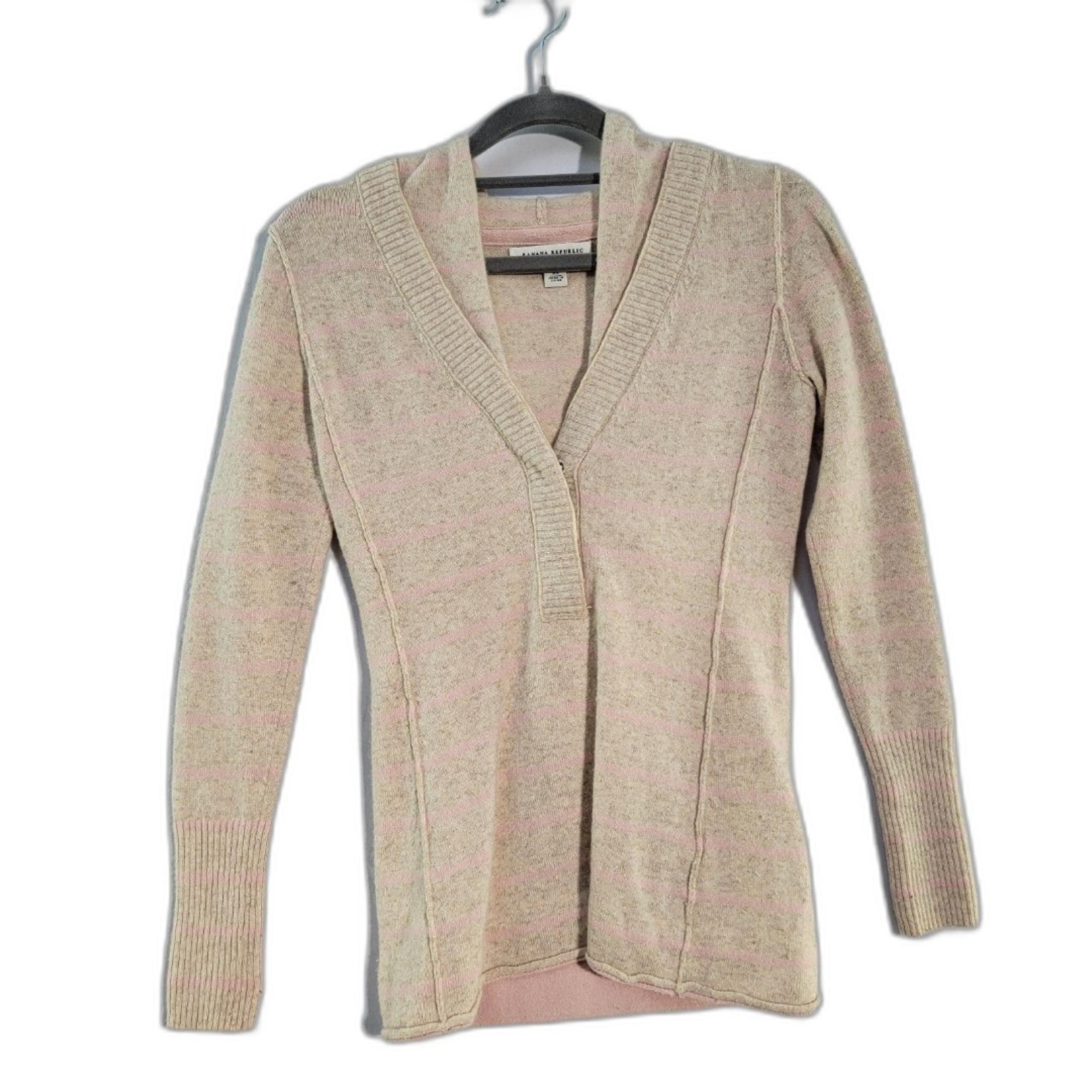 Banana Republic Wool Cashmere Blend V Neck Hooded Cream Pink Striped Sweater XS