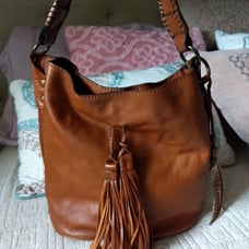 Patricia Nash Otavia Distressed Cognac Brown Leather Tassel Bucket Tote Bag