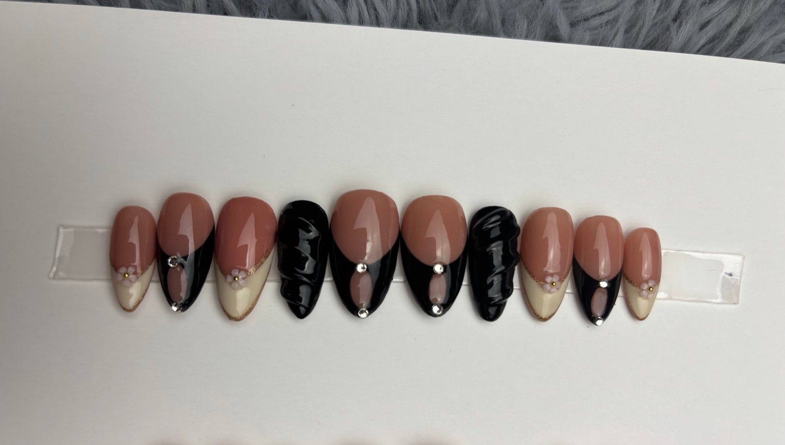 Press on nails medium almond black French tips gold flowers nude rhinestones