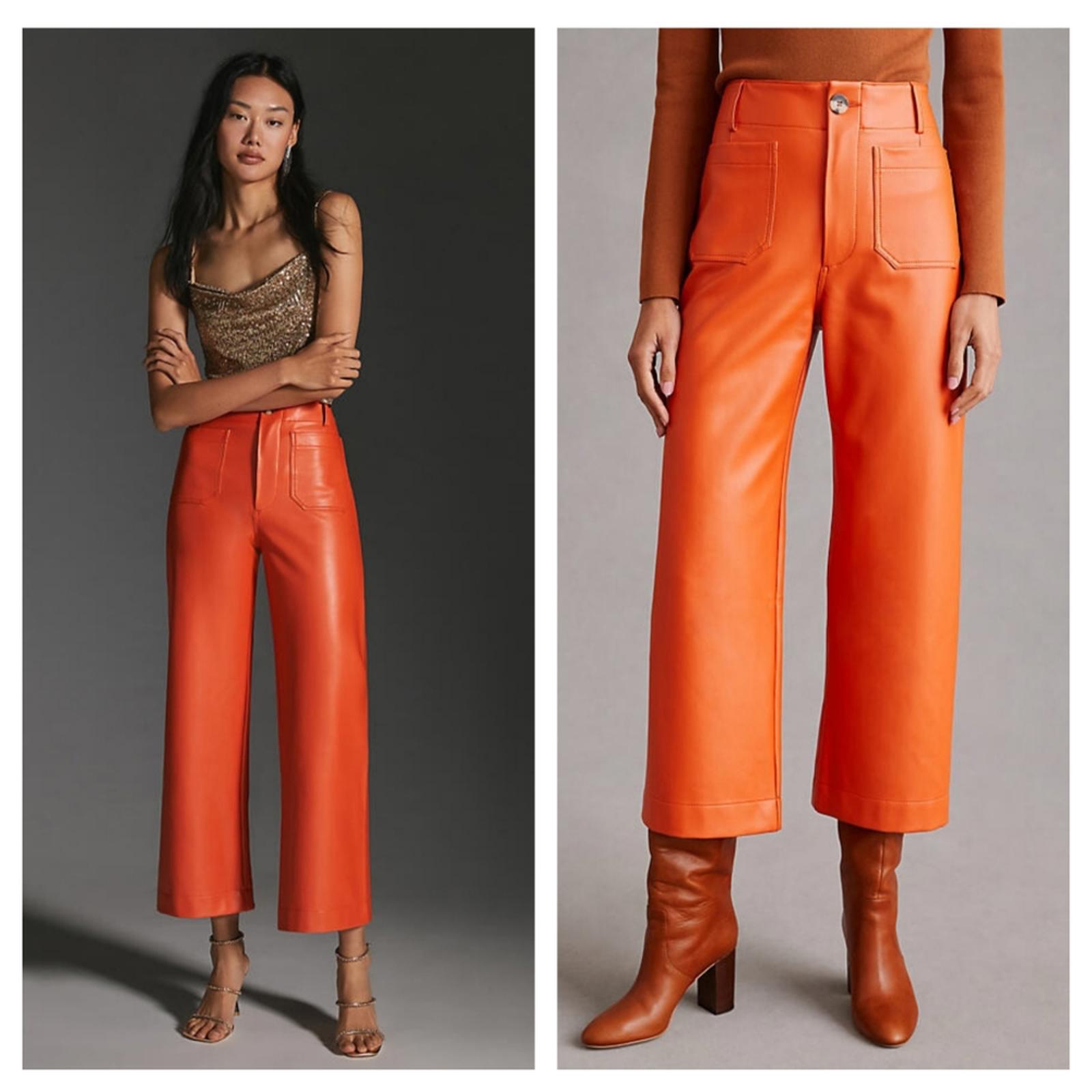 Anthropologie Maeve The Colette Cropped Wide-Leg Faux Leather Pants 27 Orange