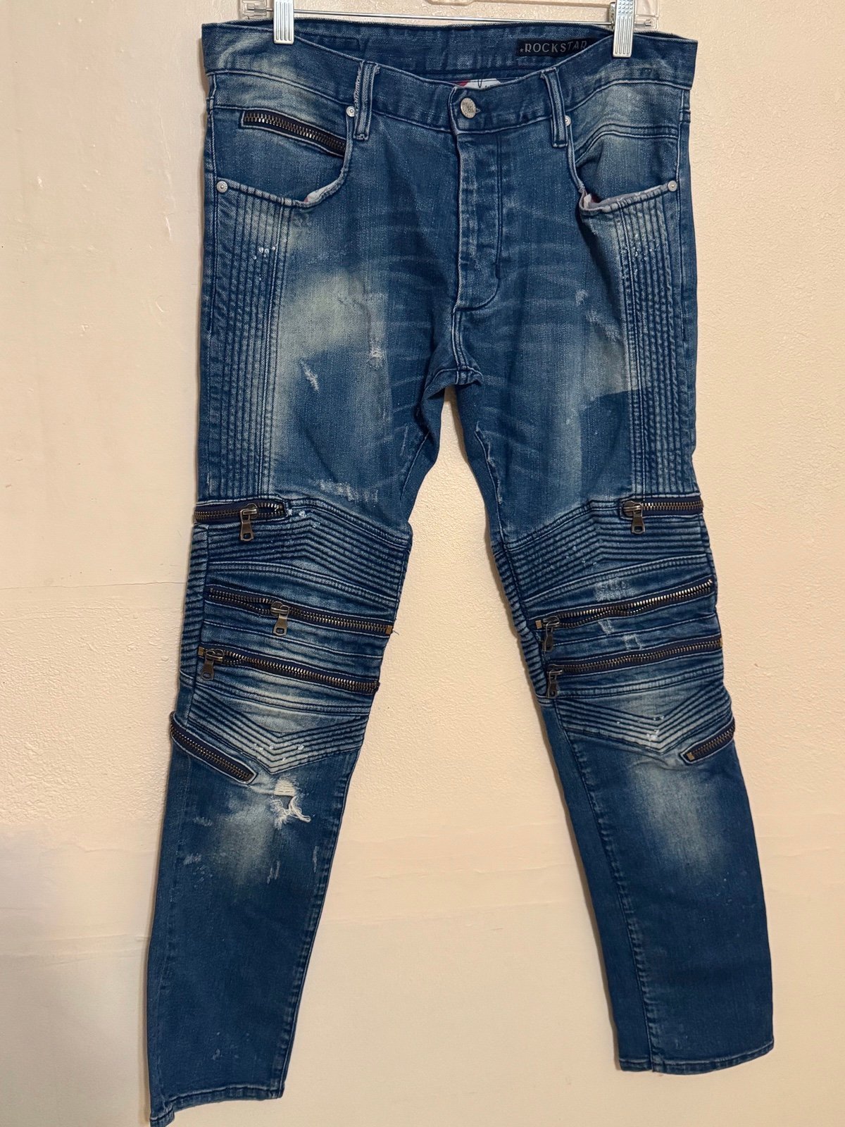 Rockstar Jeans Men's Size 32 Designer Moto Skinny Zipper Stretch Distressed