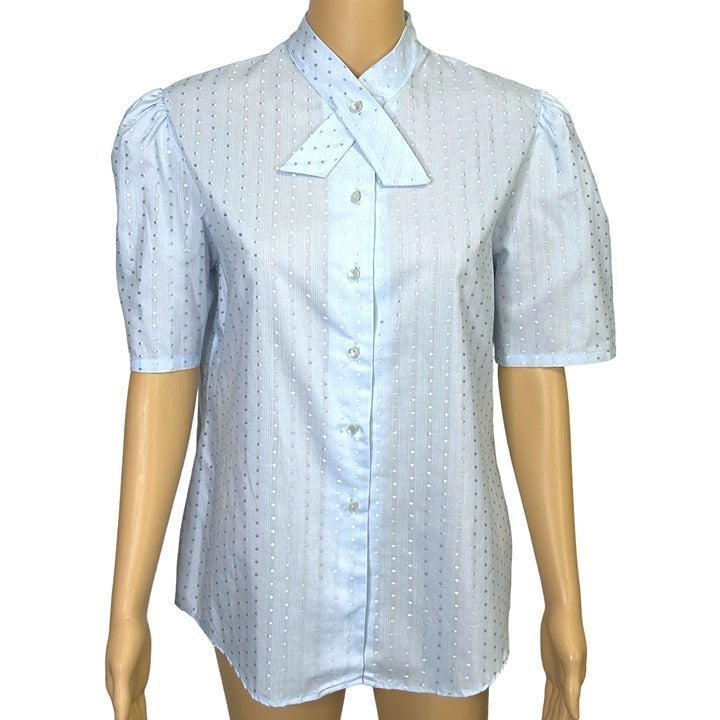RARE Vintage Shapely Womens 14 Light Blue Button Up Short Sleeve Blouse Shirt