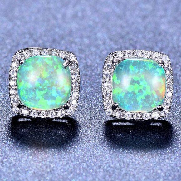 NEW 18K White Gold Opal Diamond Earrings