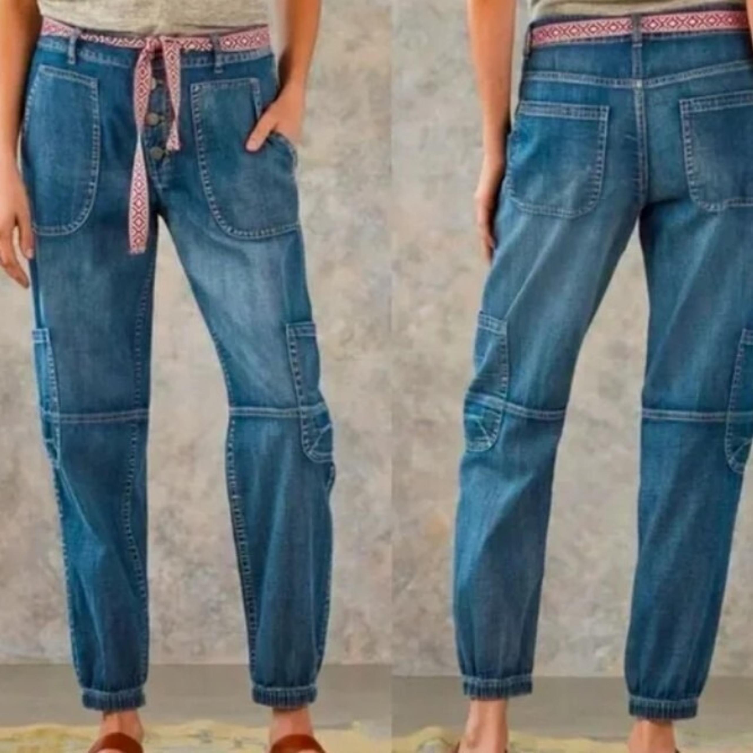 Sundance Jolienne Denim Cargo Jeans Cotton Sz 12P Button Fly Belt Elastic Ankle