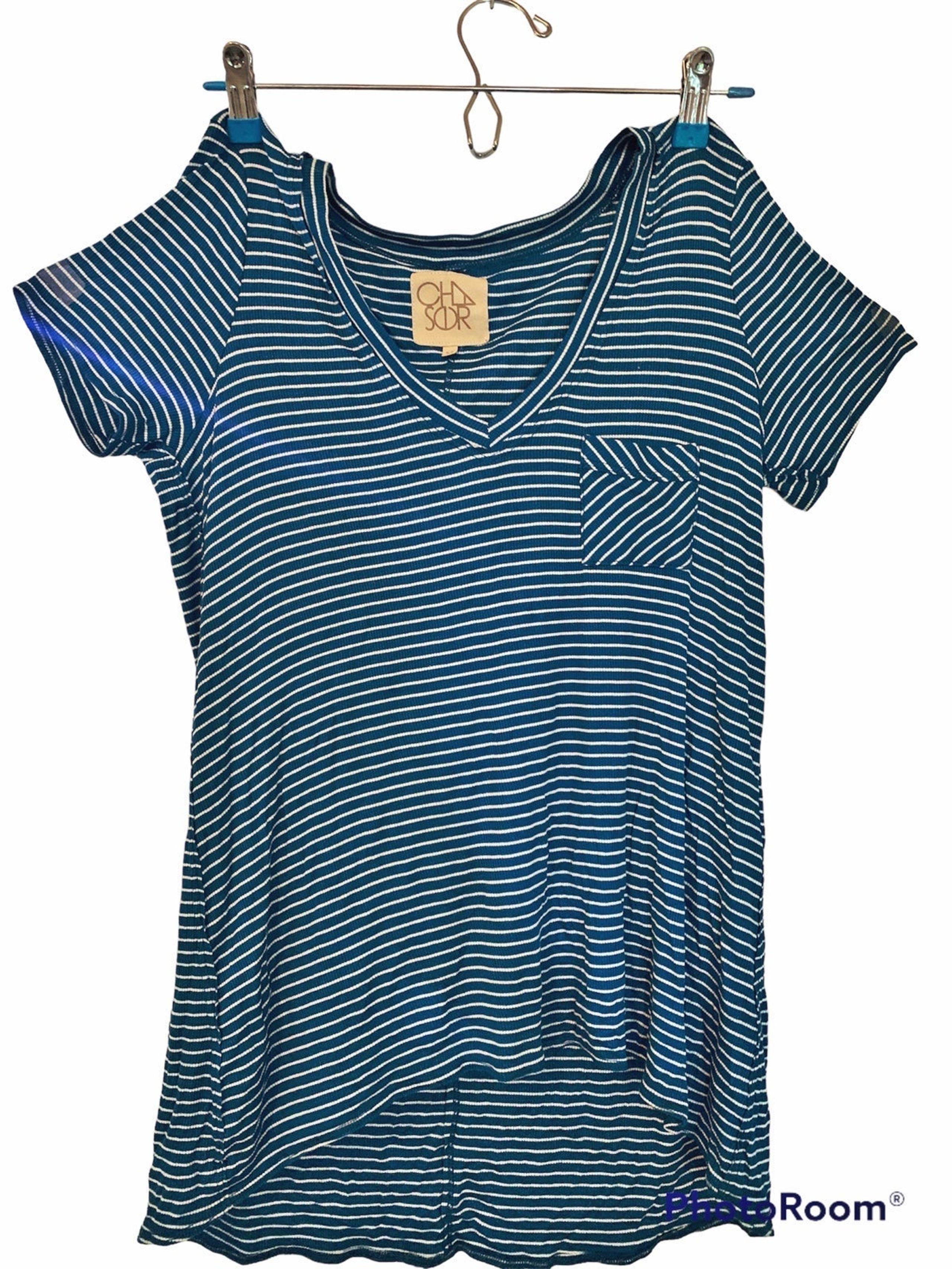 CHASER Blue White Striped   Ribbed Hi-Lo Cap Sleeve Shirt Size M