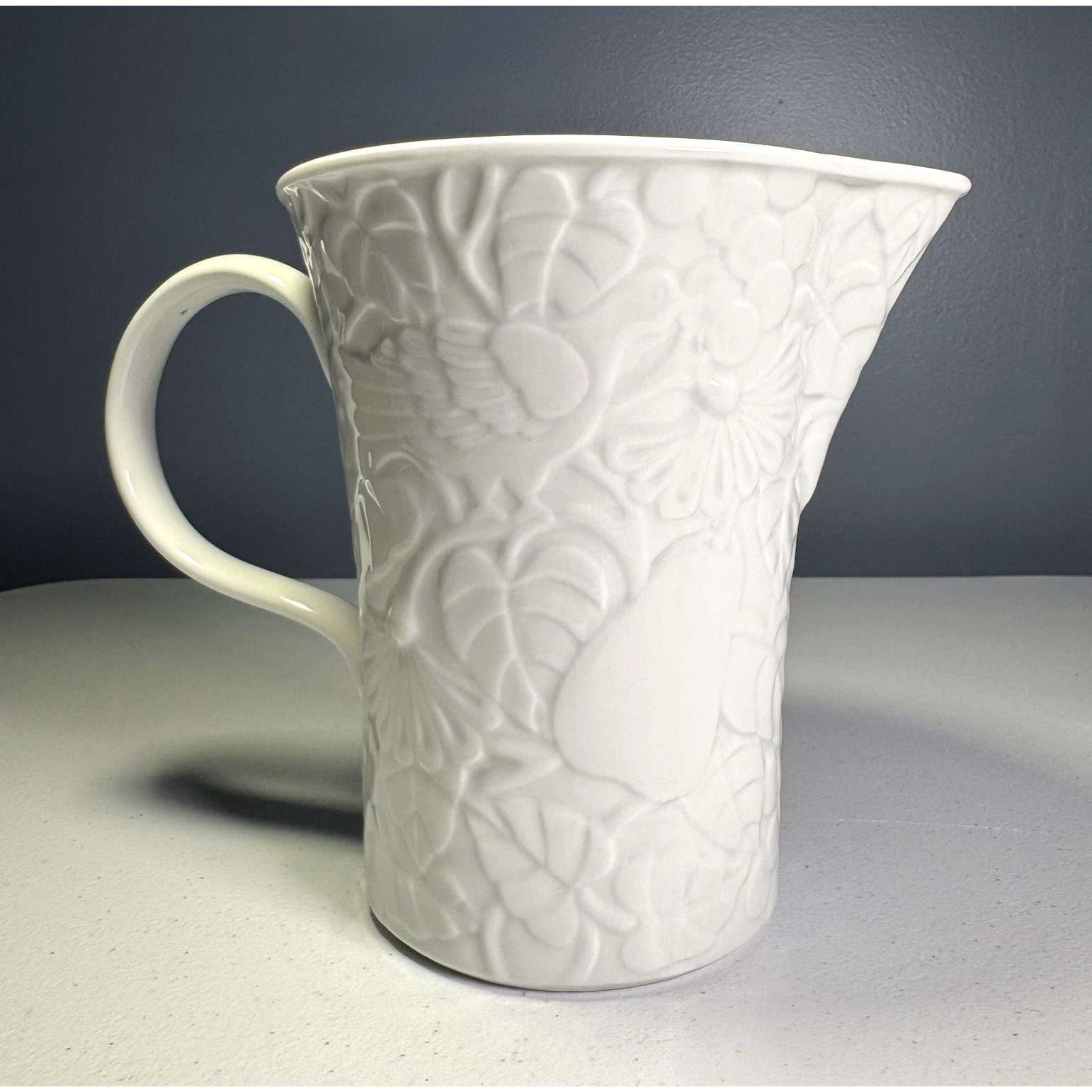 Vintage Pacific Rim Pottery White Pitcher w/Embossed Forest Scene & Bird 6.75