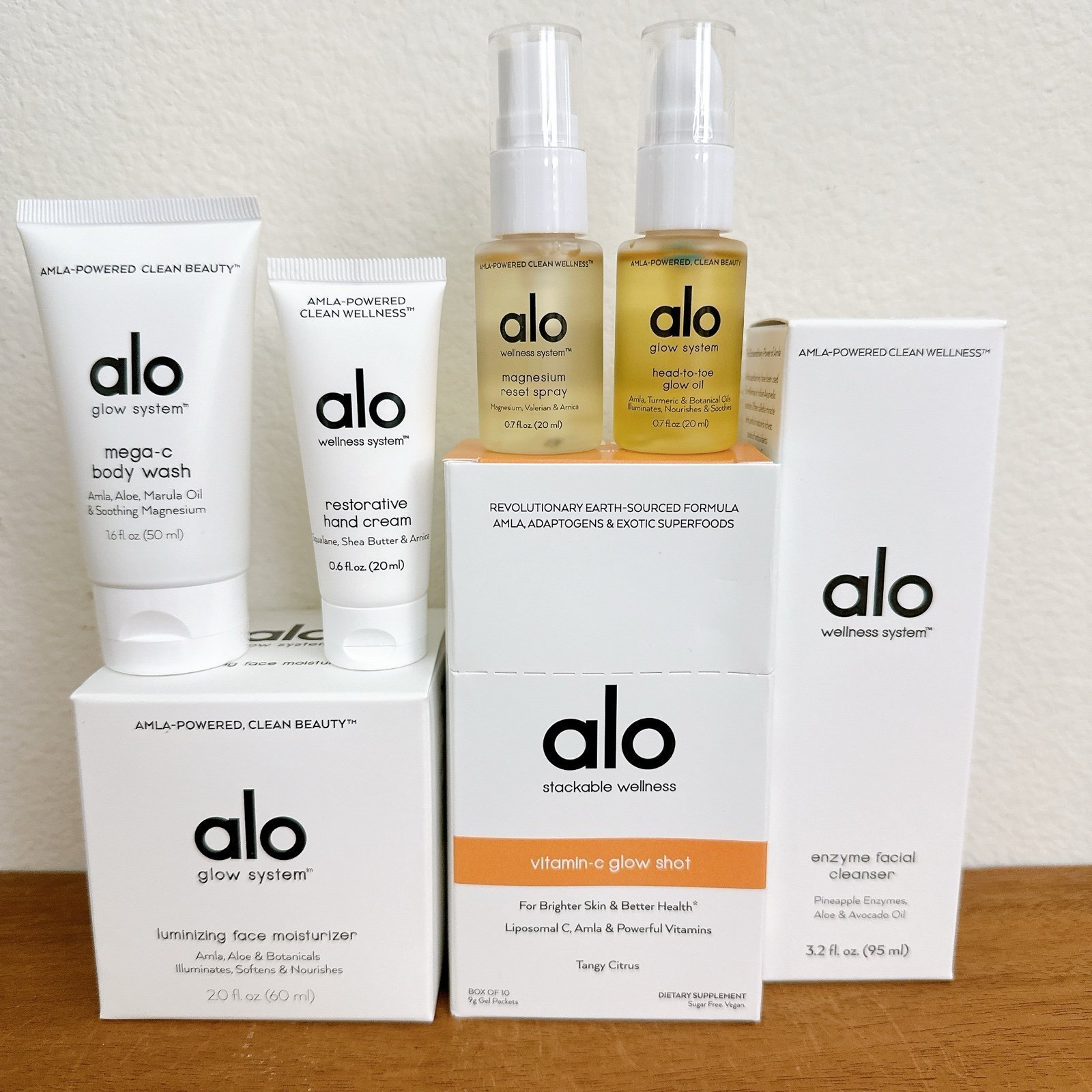 Alo Glow System Luminizing Face Moisturizer facial cleanser Vitamin-C Glow Shot