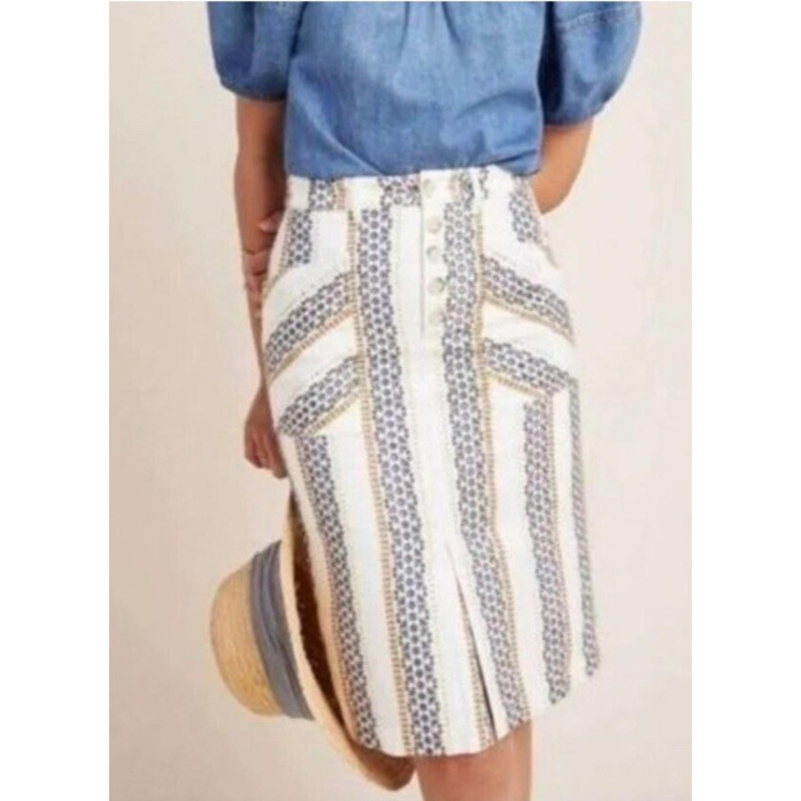Anthropologie Quincy Embroidered Eyelet Button Fly Pencil Skirt Sz Spring Boho