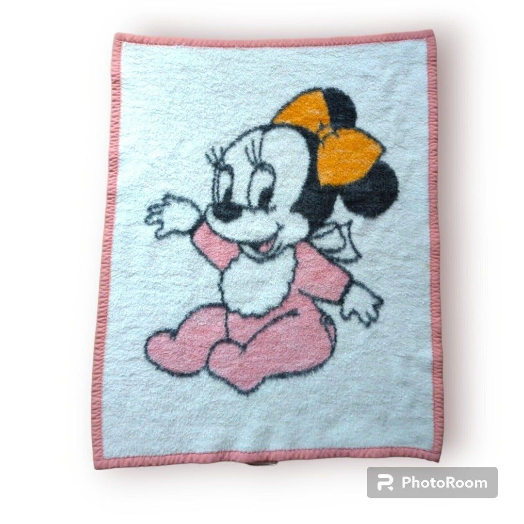 Baby Minnie Mouse Pink Throw Blanket 1984 Biederlack USA Walt Disney Vintage