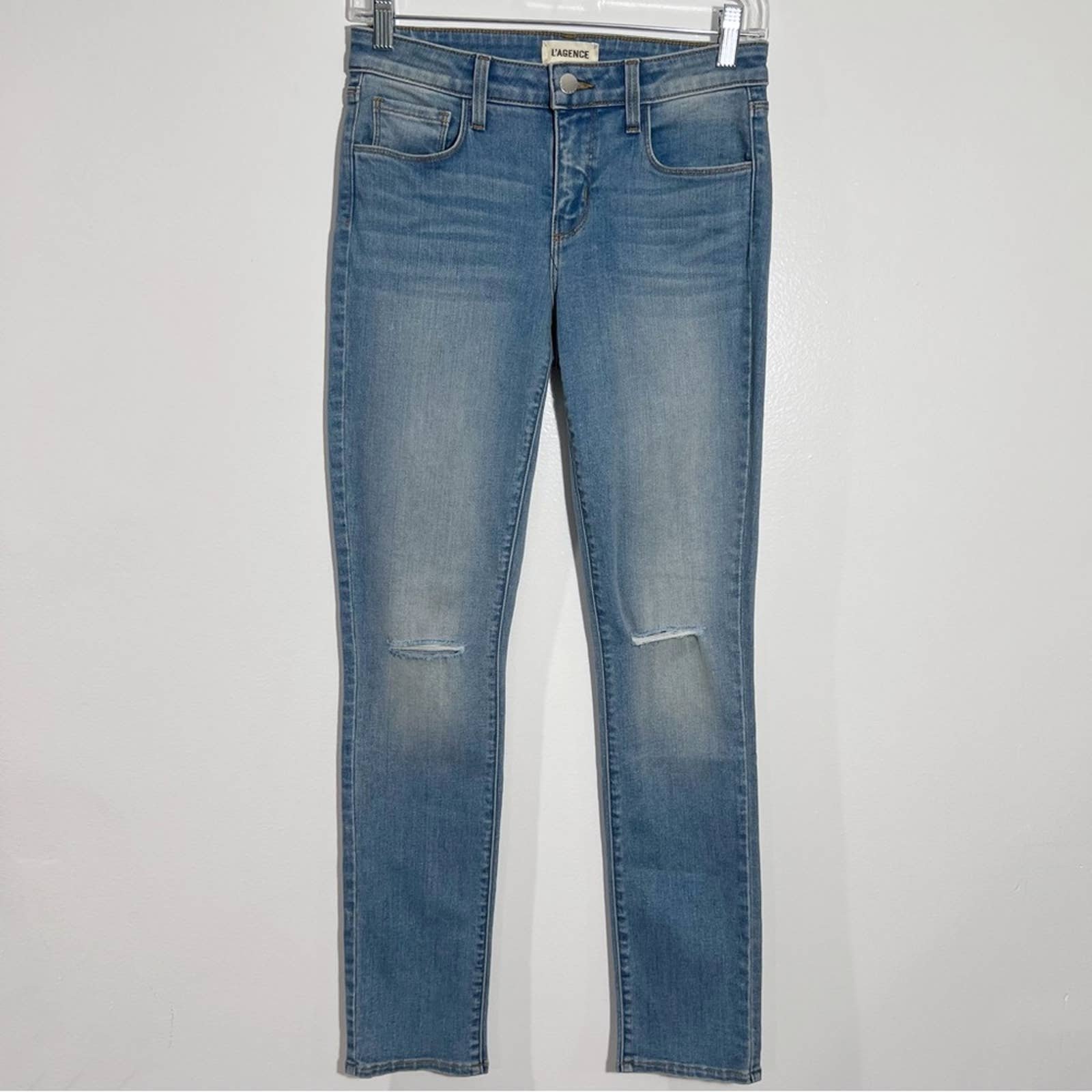 New L'agence Margot Skinny Light Wash Ripped Knee Size 25
