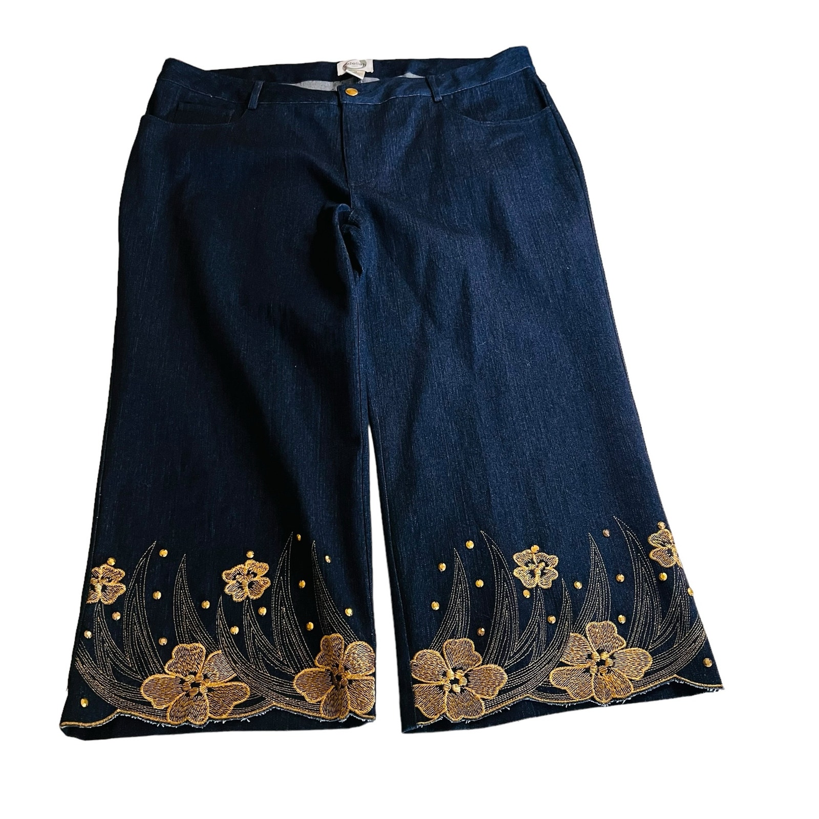 Odeliah Embroidered Floral Cropped High Rise Jeans Size 18 Blue Gold
