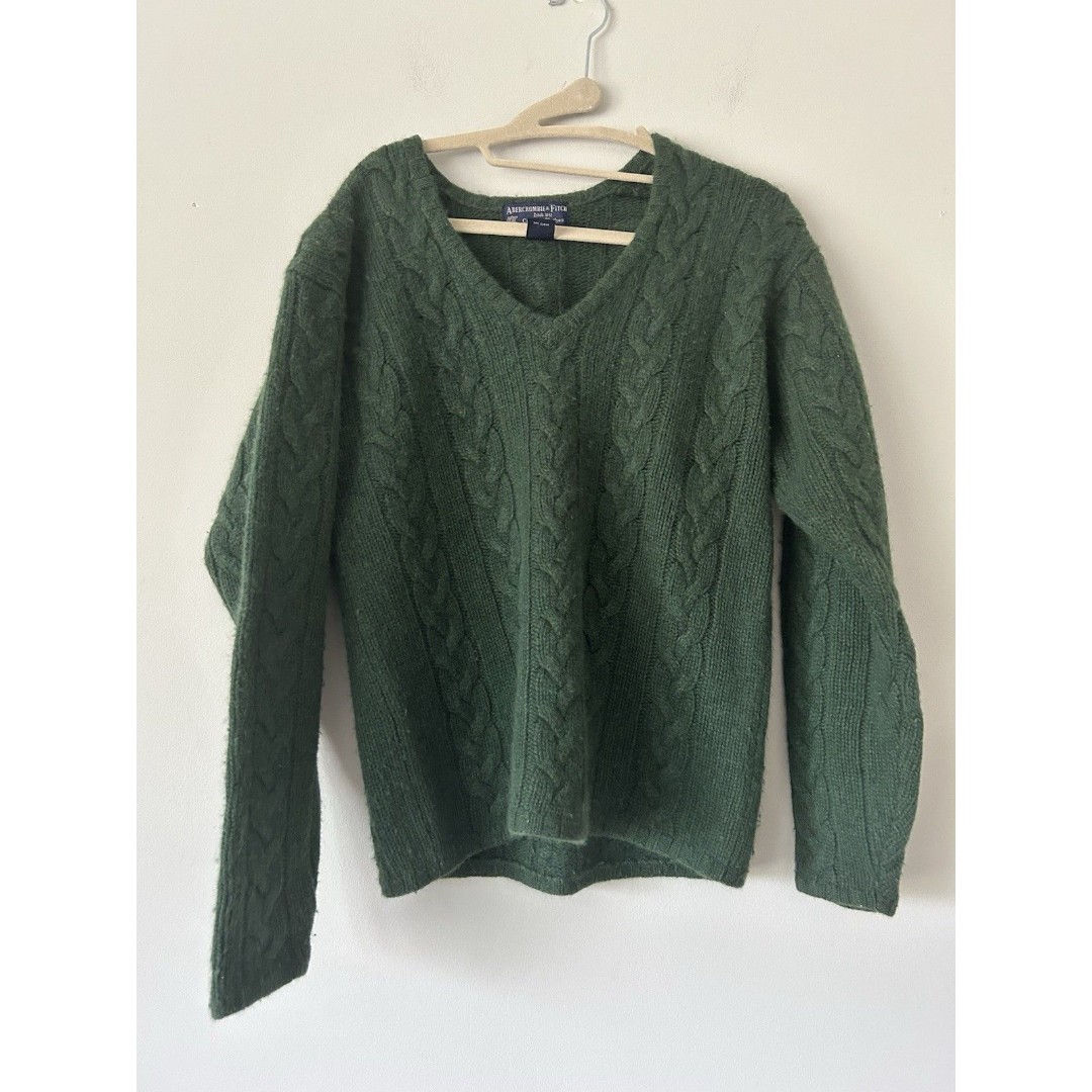 Vintage Abercrombie & Fitch Lambswool Green Cable Knit V-Neck Sweater Size S