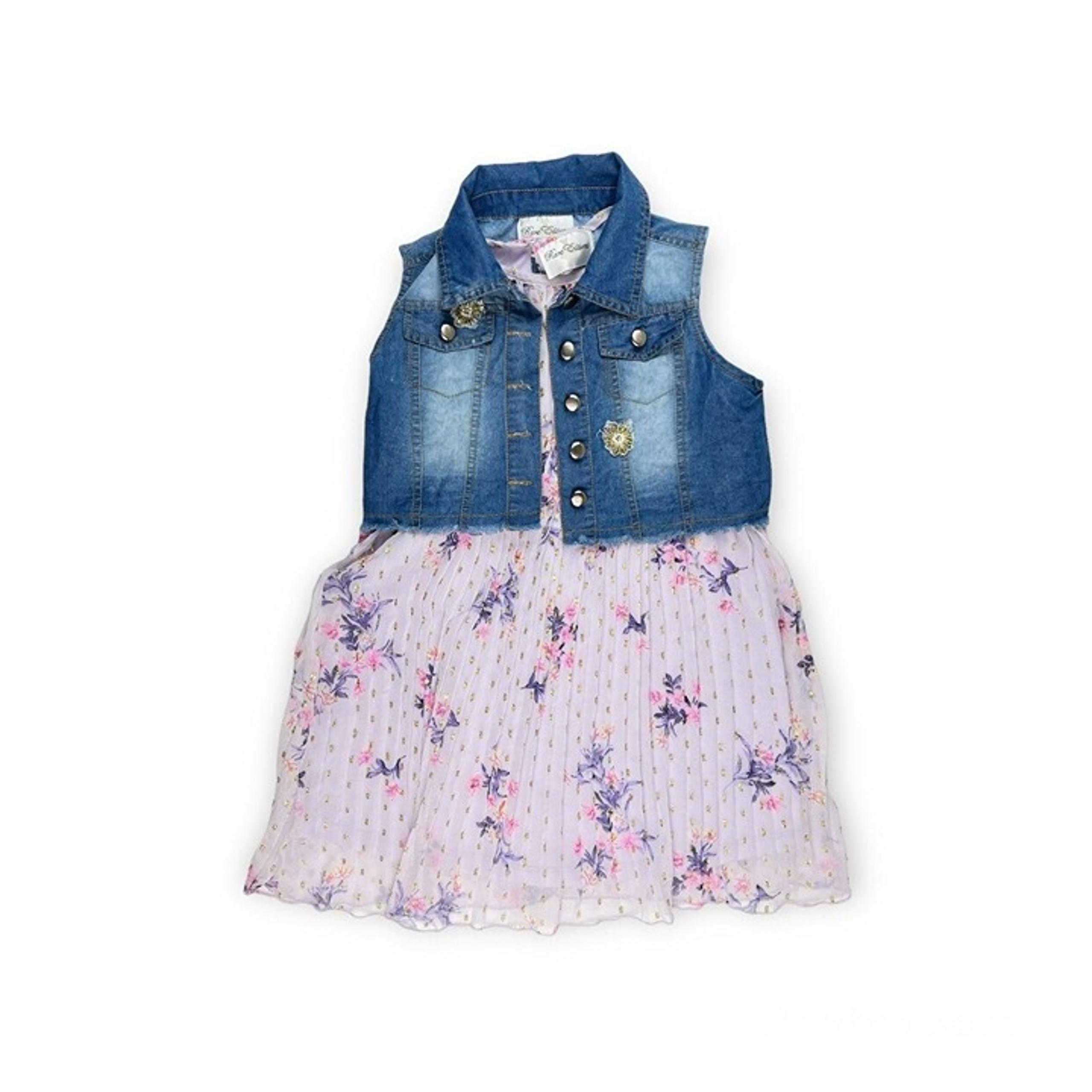 Rare Editions Chiffon Dress + Denim Vest