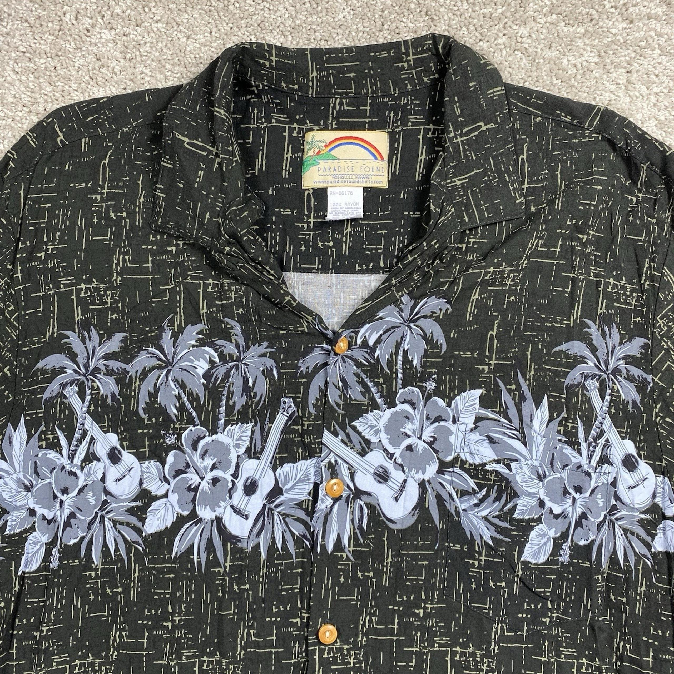 Vintage Paradise Found Shirt Mens XL Black Floral Hawaiian Short Sleeve Rayon