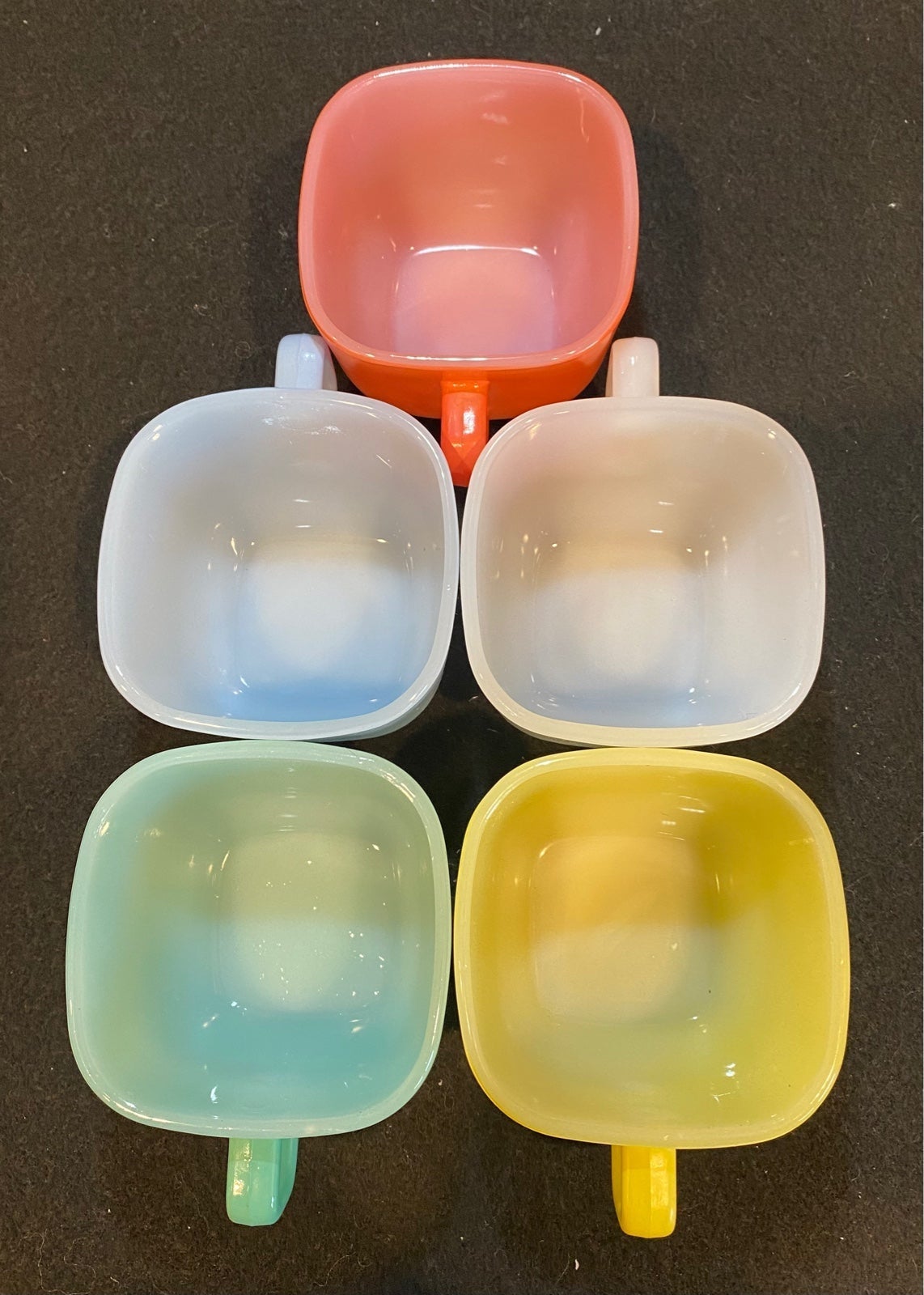 (5) Retro 1950’s GLASBAKE Lipton Soup Square Milk Glass shops Mugs