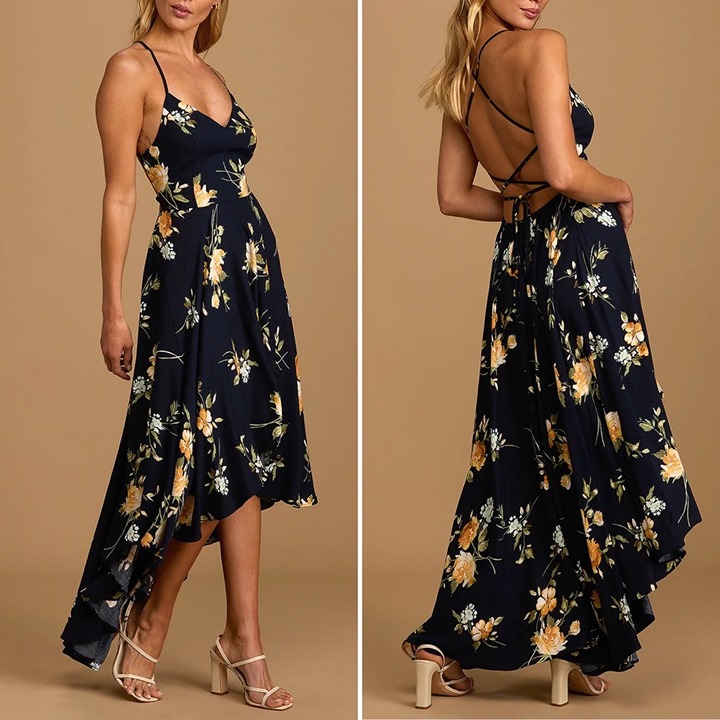 Lulus Best Times Floral Lace-Up Back High Low Maxi Dress Navy Blue Sz S NWT