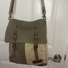 Myra Bags 1894 Upcycled Canvas Khaki & Olive green Messenger Bag leather strap f