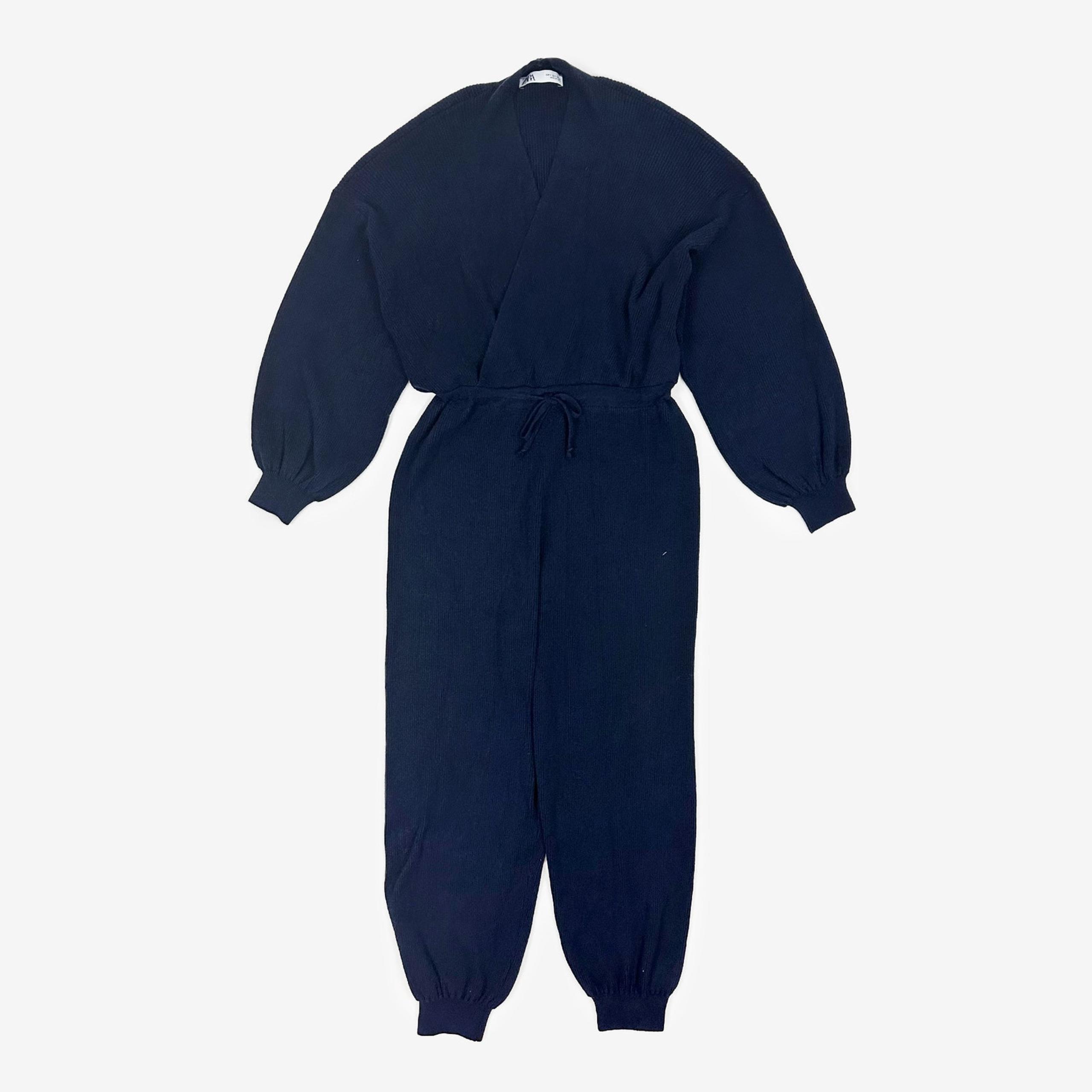Zara Knit Jumpsuit Small Navy Blue Ribbed Minimalist Cozy Lounge Casual Normcore