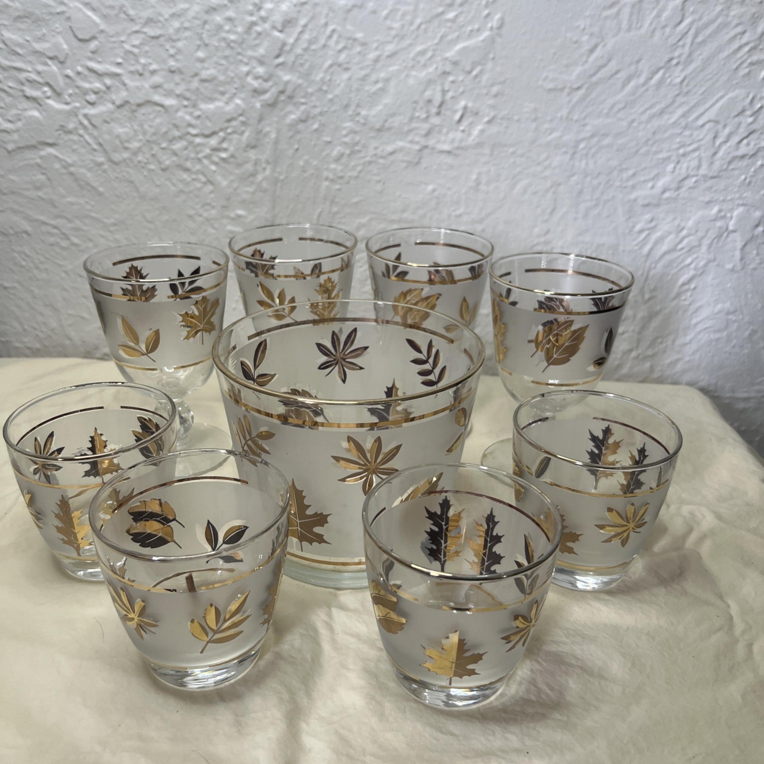 Bar Set of Vtg Libbey Frosted Gold Leaf Whiskey And Cocktail Glasses W/Ice Bowl