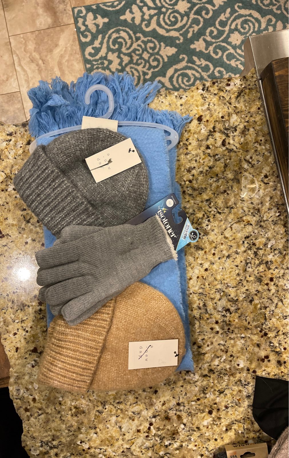Brush blanket scarf pair of Isotoner gloves gray and to beanies one tweeted beig
