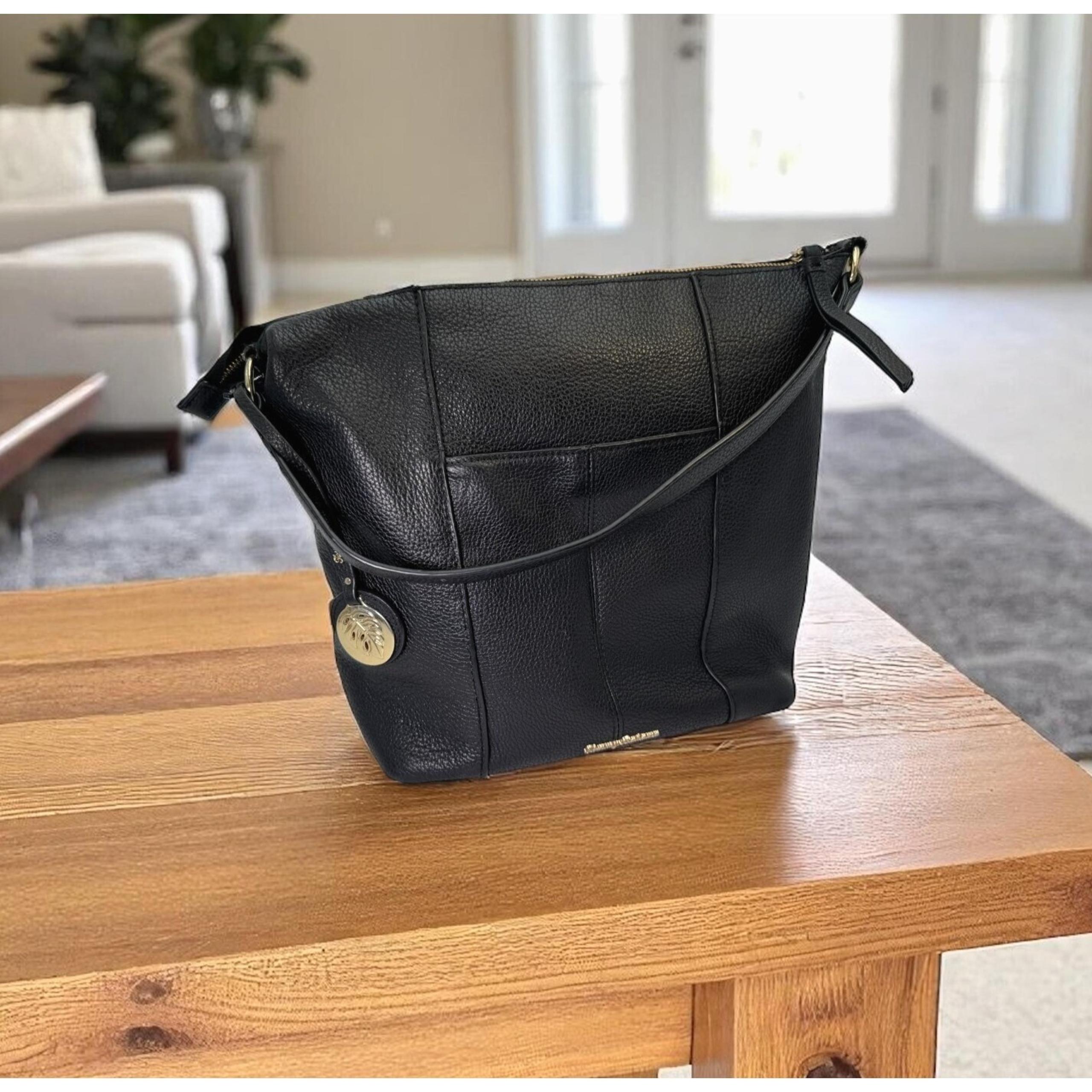 Tommy Bahama Leather Purse Black Top Stitched Shoulder Bag Charm Luxury Resort