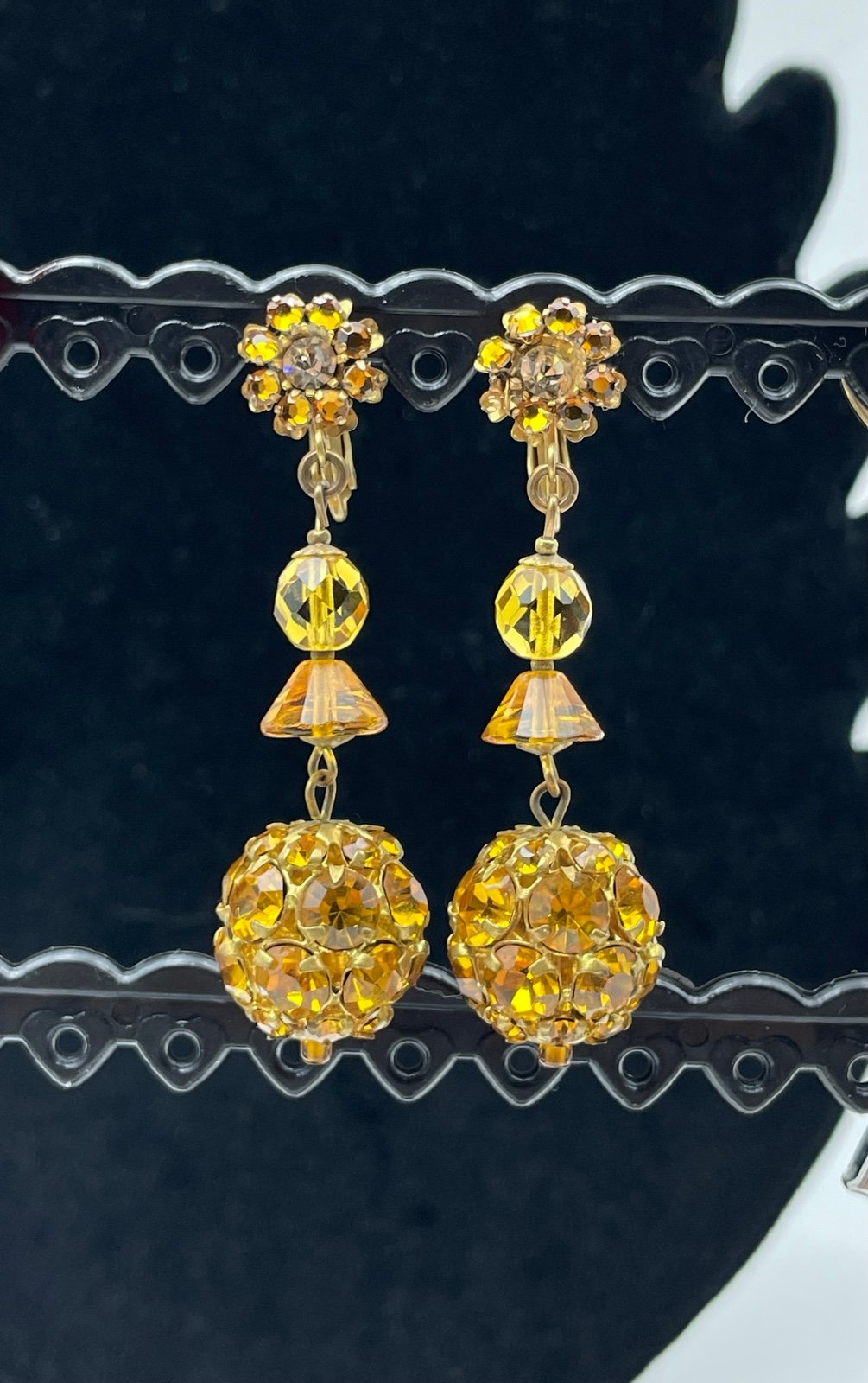 Rare Vintage Gold Miriam Haskell Rhinestone Dangle Bead Earrings