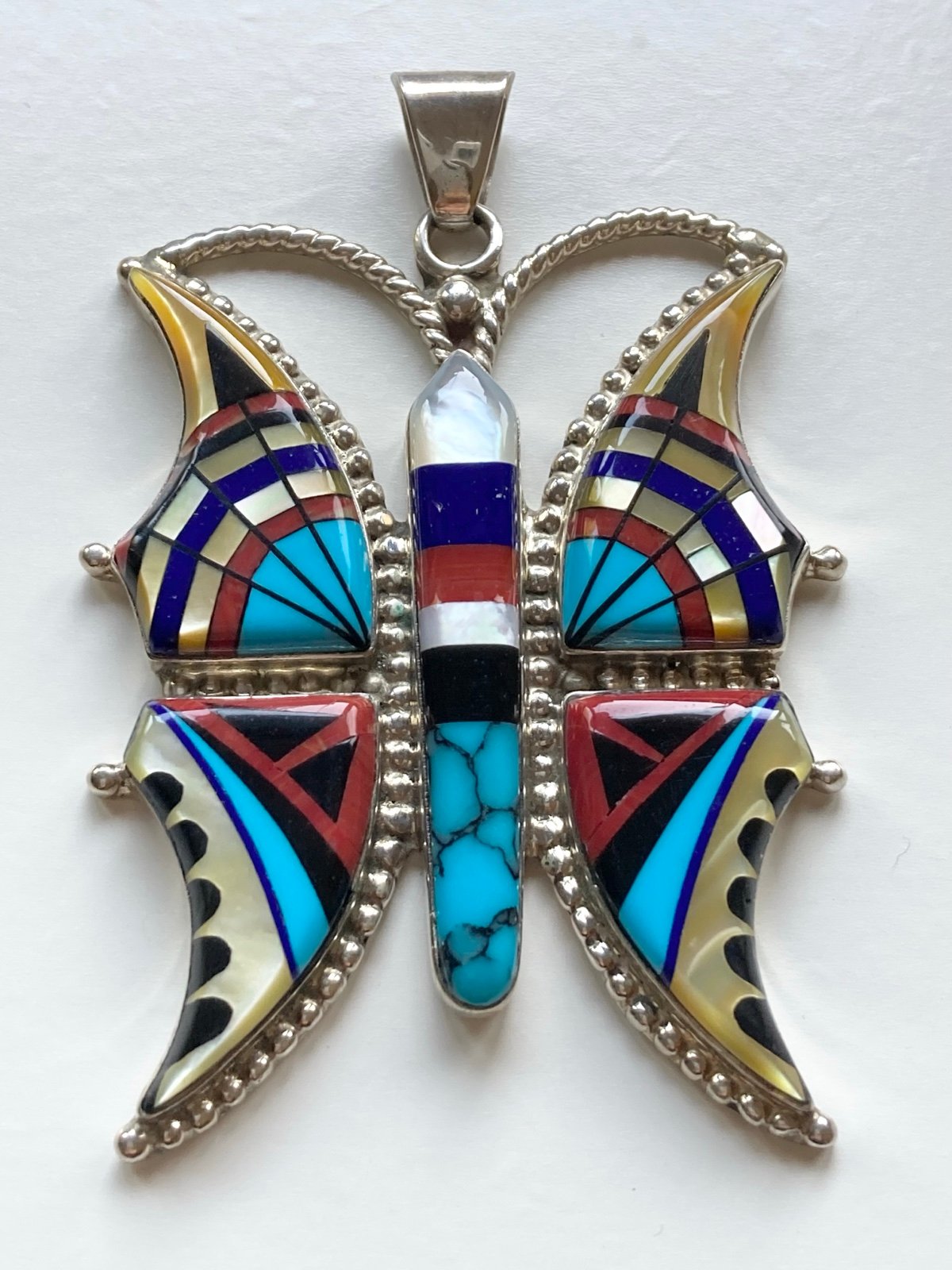 Huge Native American Signed MW sterling silver gemstone inlay butterfly pendant
