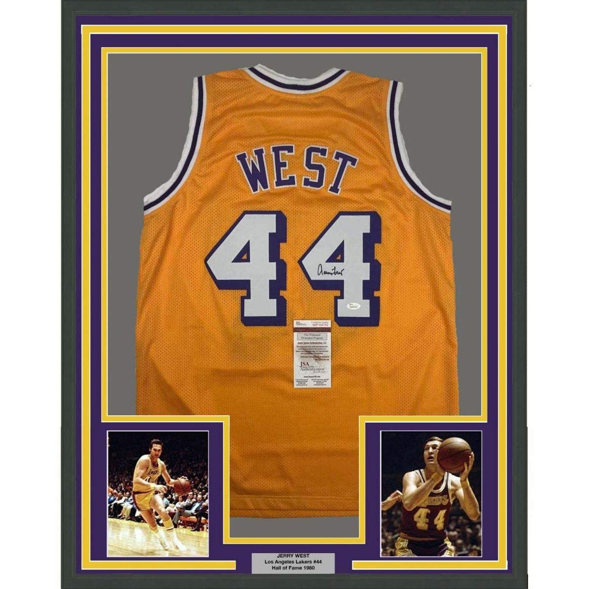 Framed Autographed/Signed Jerry West 35x39 Los Angeles LA Yellow Jersey JSA COA