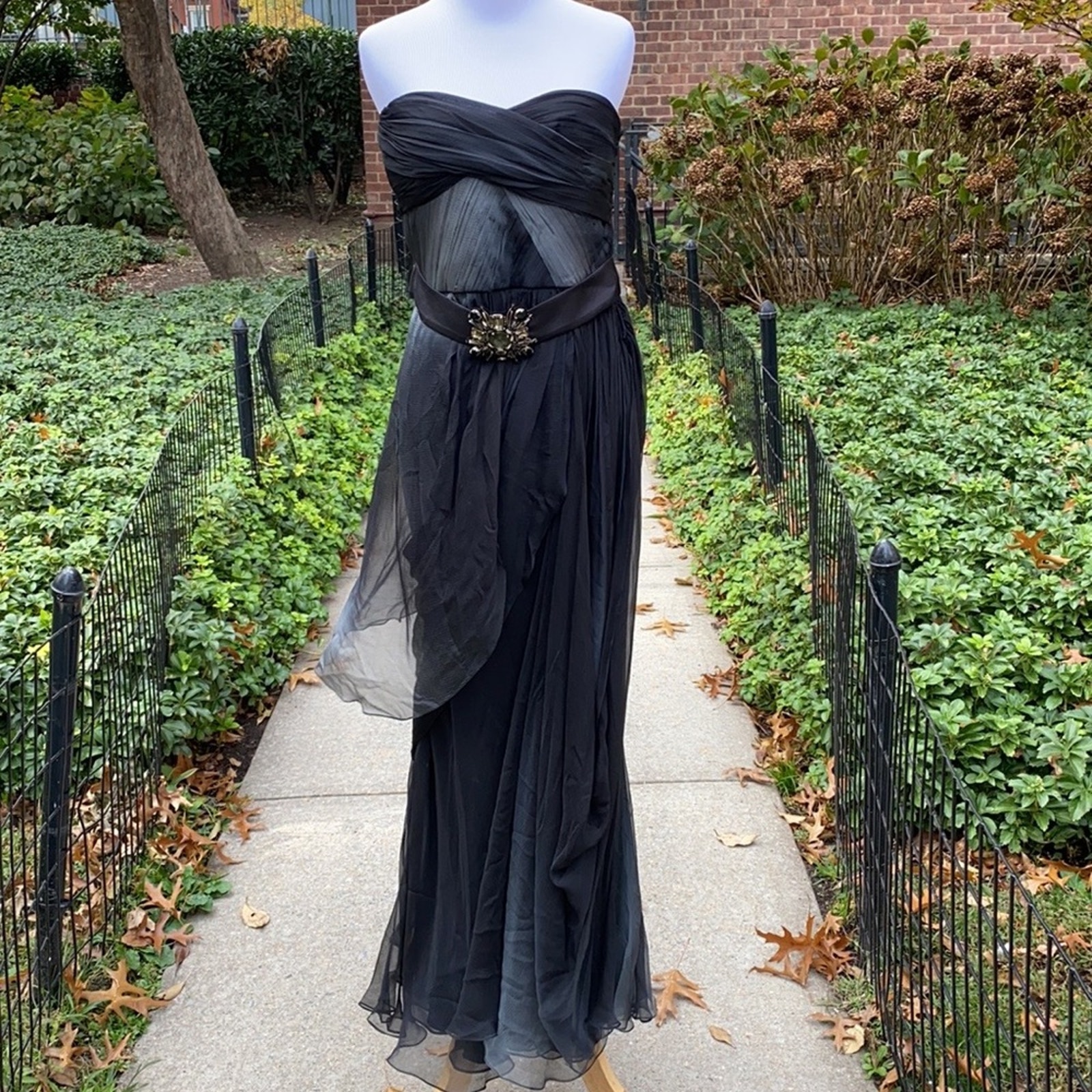 Monique Lhuillier Black Ombré Cascading Silk Strapless Dress