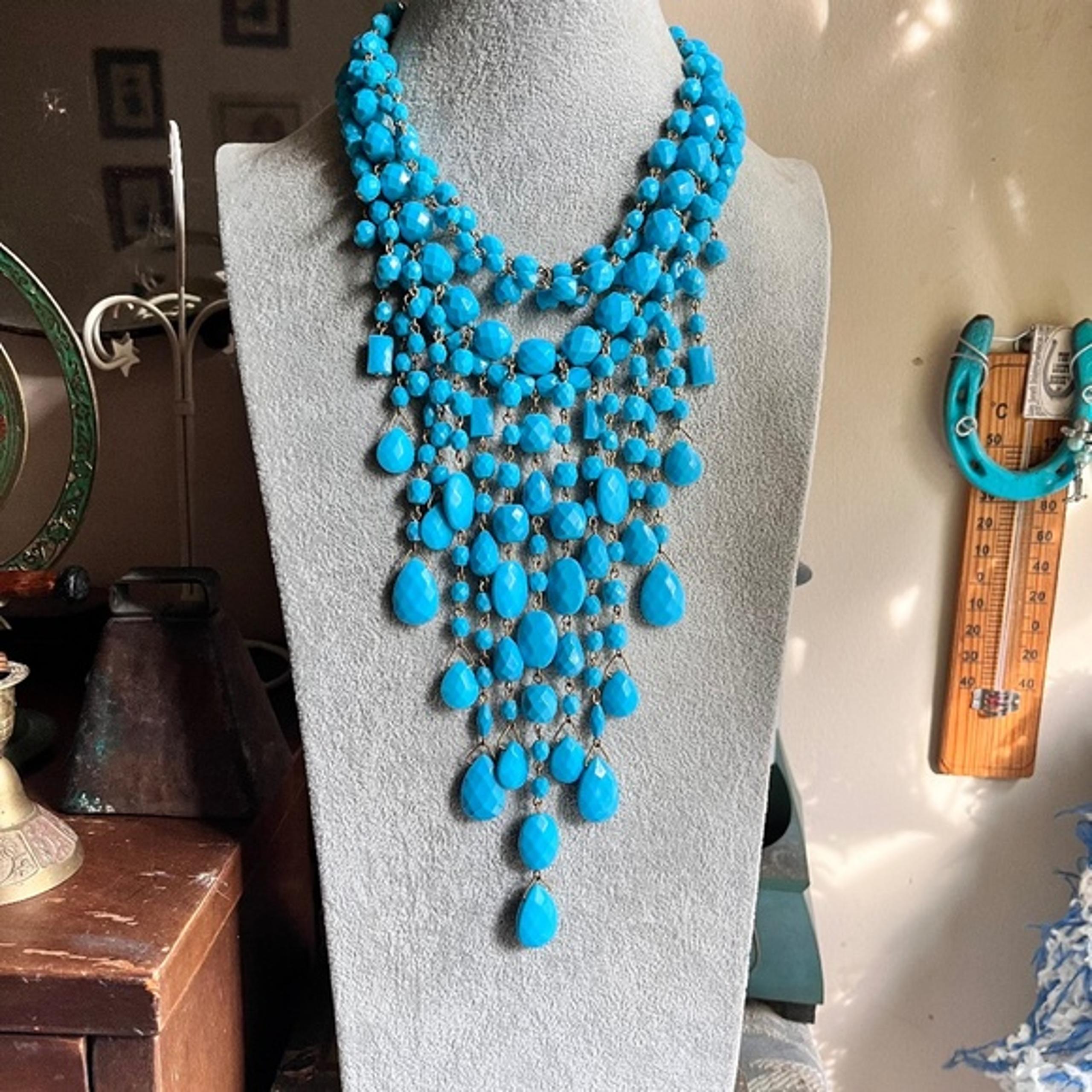 Joan Rivers Designer Signed Aqua Bead Waterfall Bib Necklace Collectible Piece