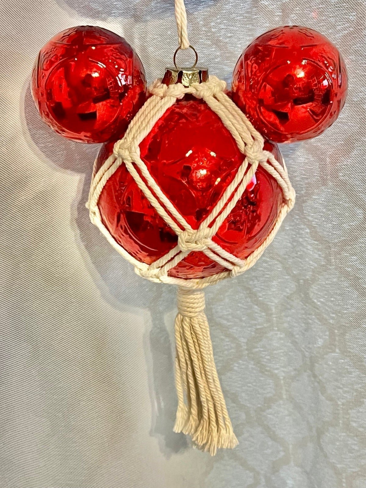 Disney Parks Large Red Glass - Faux Tile Ornament w/Turkish Macrame 6 x 5 x 4